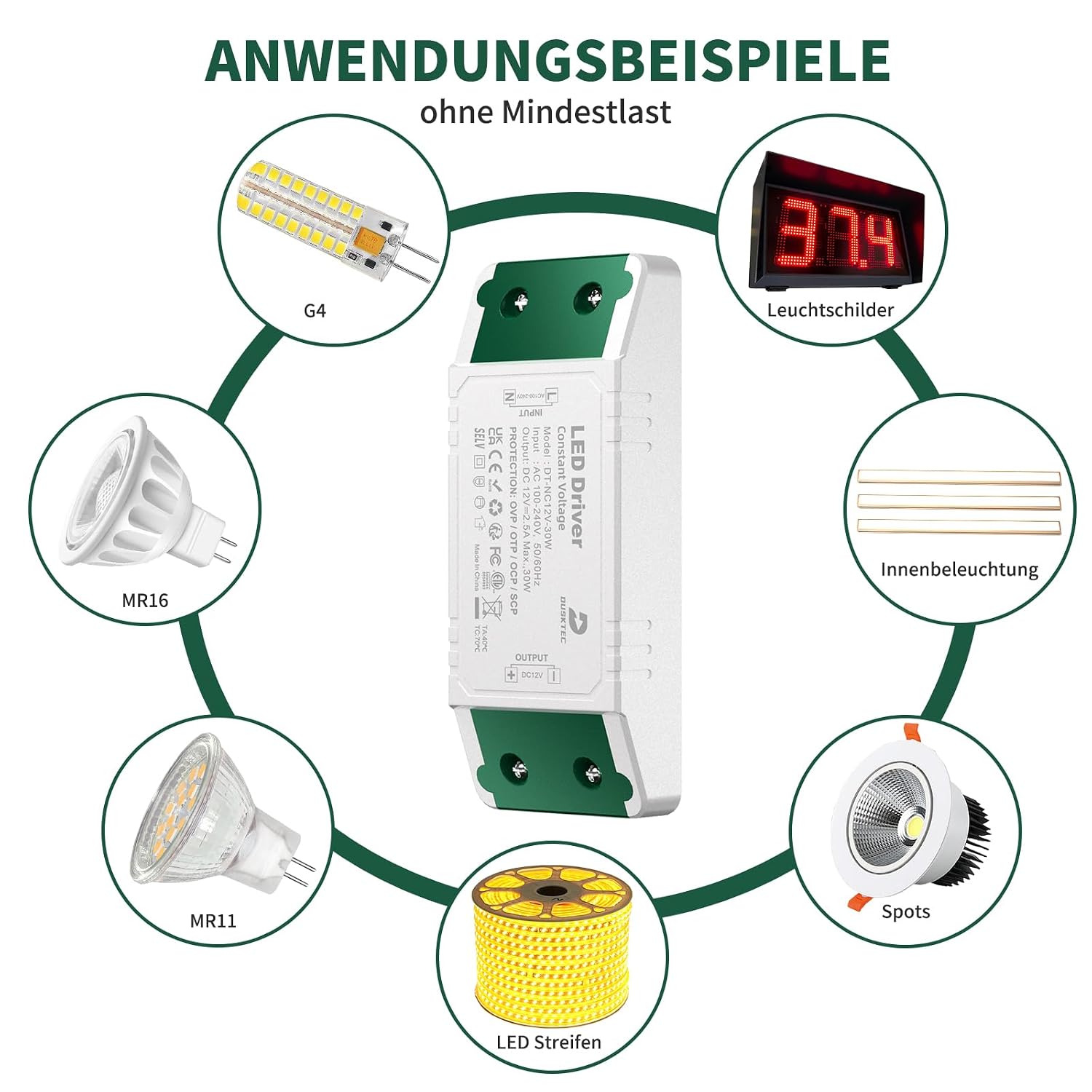 Detalle 2 de DUSKTEC LED Netzteil 12V DC 30W (2,5A) 230V Eingang – LED Trafo Transformator