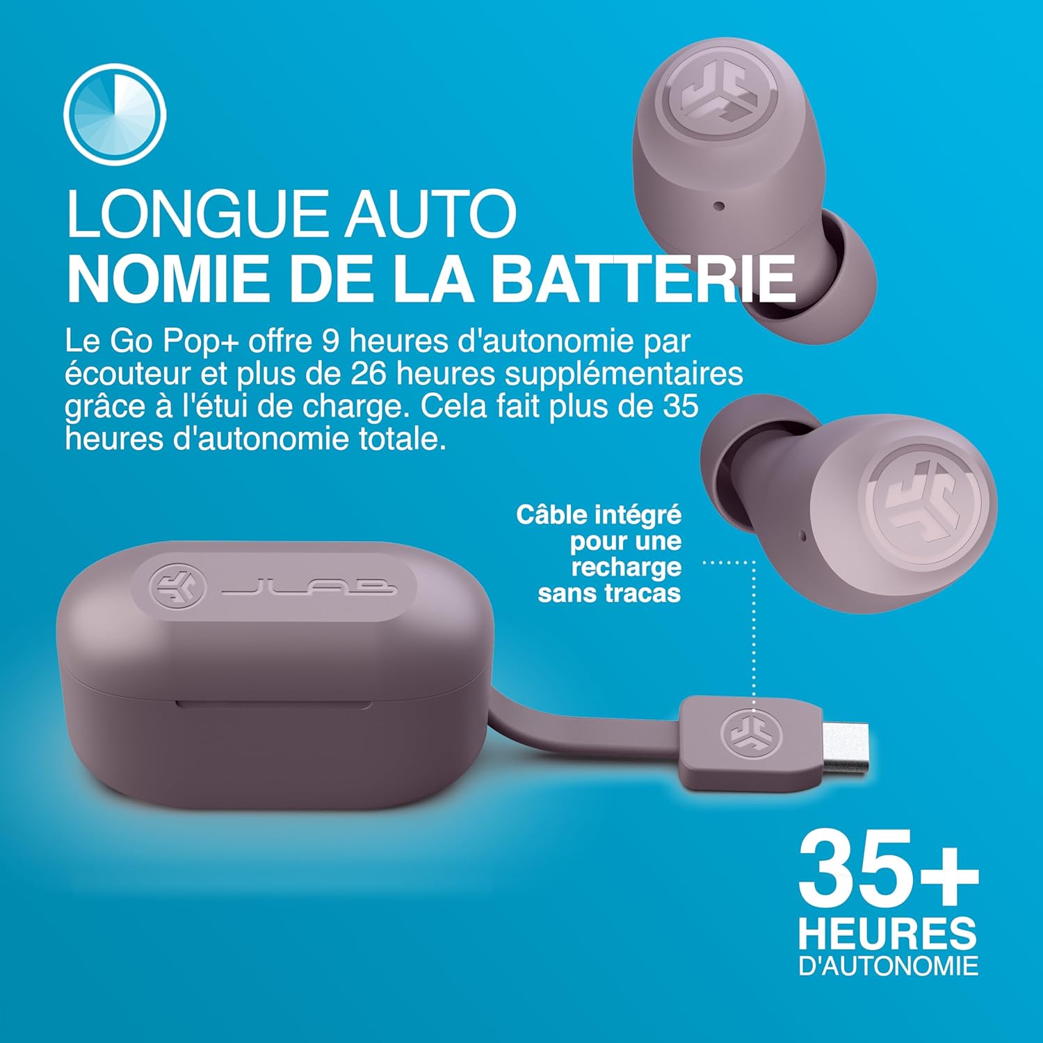 Thumbnail 5 de JLab Go Air Pop+ (mauve) : écouteurs Bluetooth True Wireless avec micro et autonomie 35+ h