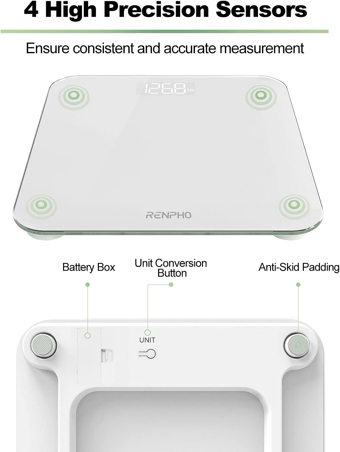 Detalle de RENPHO Pese Personnes Numérique – Balance Pèse-Personne Compacte et Ultraplate avec Ecran LED et Étalonnage Step-On