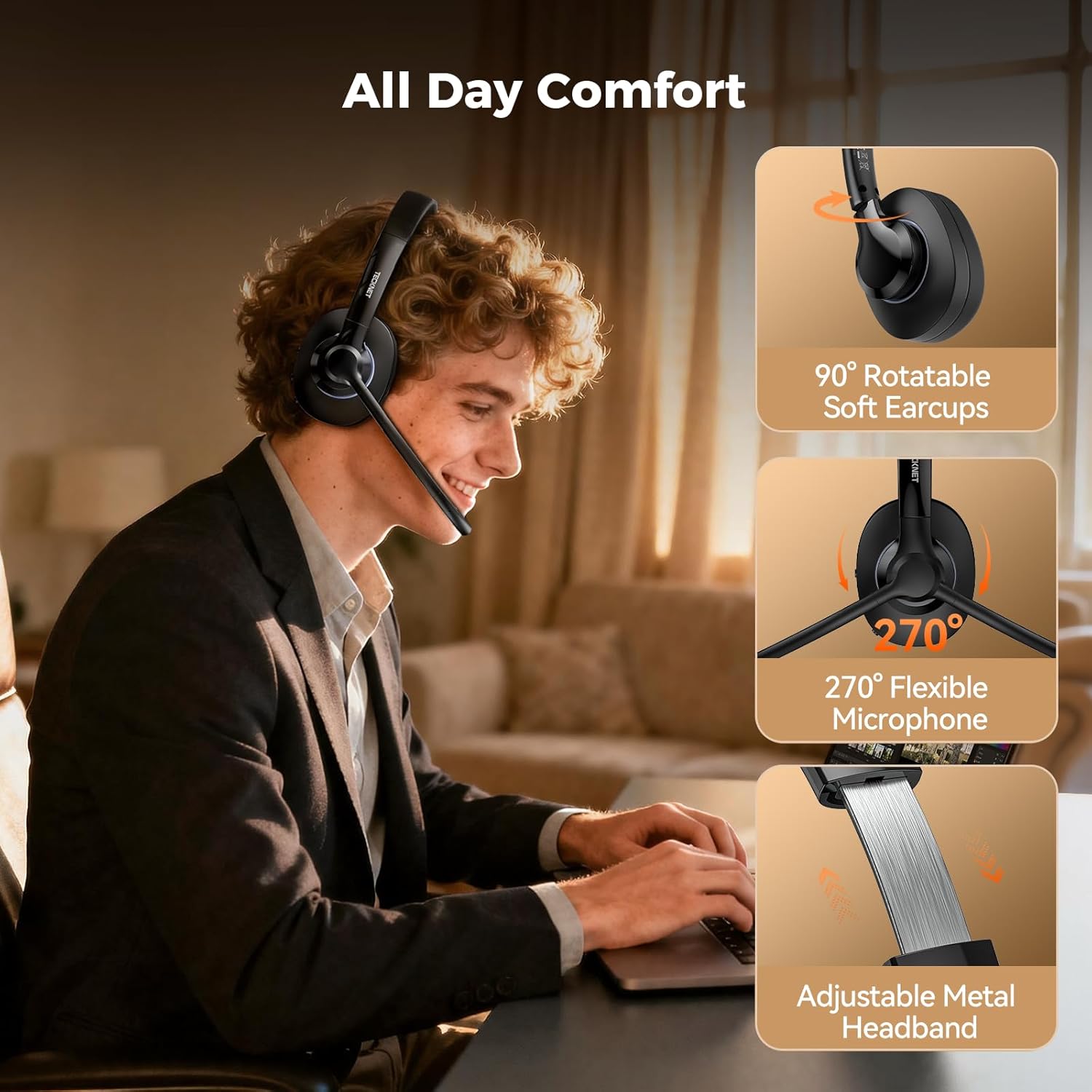 Thumbnail 4 de TECKNET Bluetooth Headset with AI Noise Cancellation: Dual-Mode USB-A & Bluetooth 6.0 On-Ear Headphones