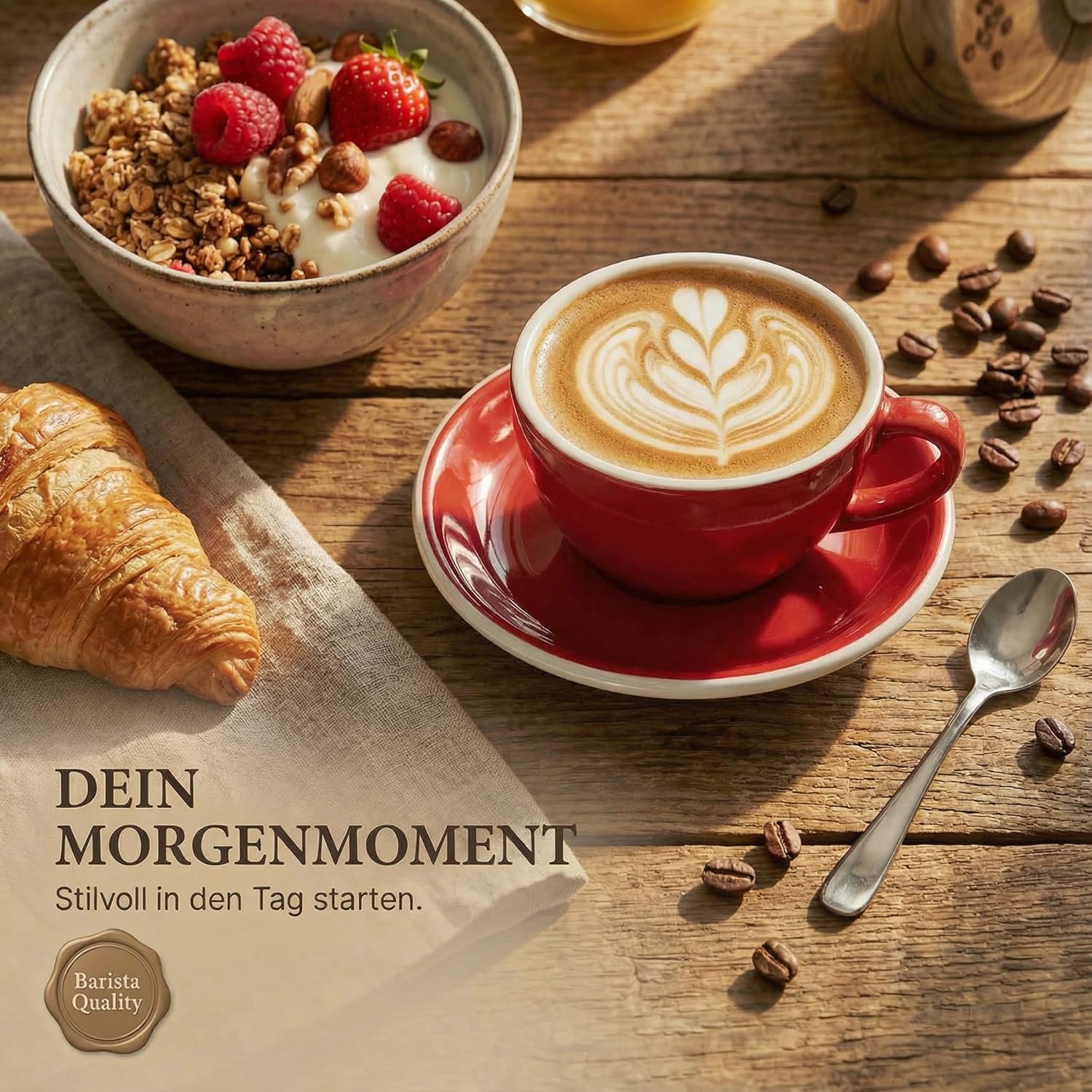 Thumbnail 6 de MUVELL 6x Cappuccinotassen Rot – Italian Style, spülmaschinenfest, Geschenkset mit Untertassen