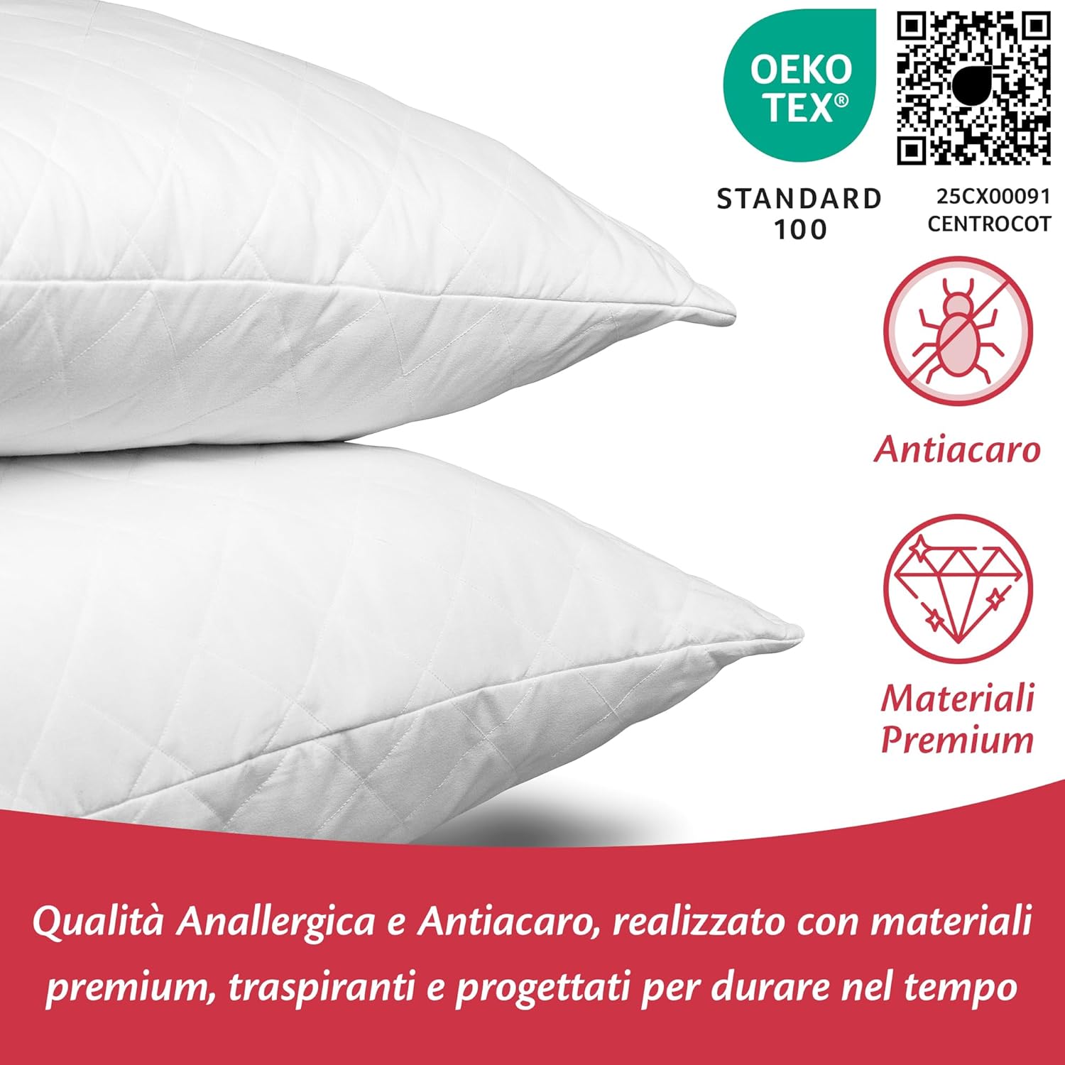 Detalle de Flowen coppia di guanciali 50x80 con imbottitura standard antiacaro, anallergica e traspirante
