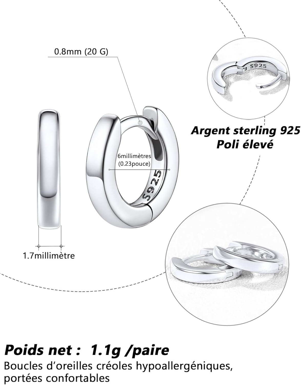 Thumbnail 3 de Silvora Petit Créole en Argent 925 Massif – boucles d’oreilles anneau 6–20 mm (argent/noir/plaqué or/rose) pour femme et homme