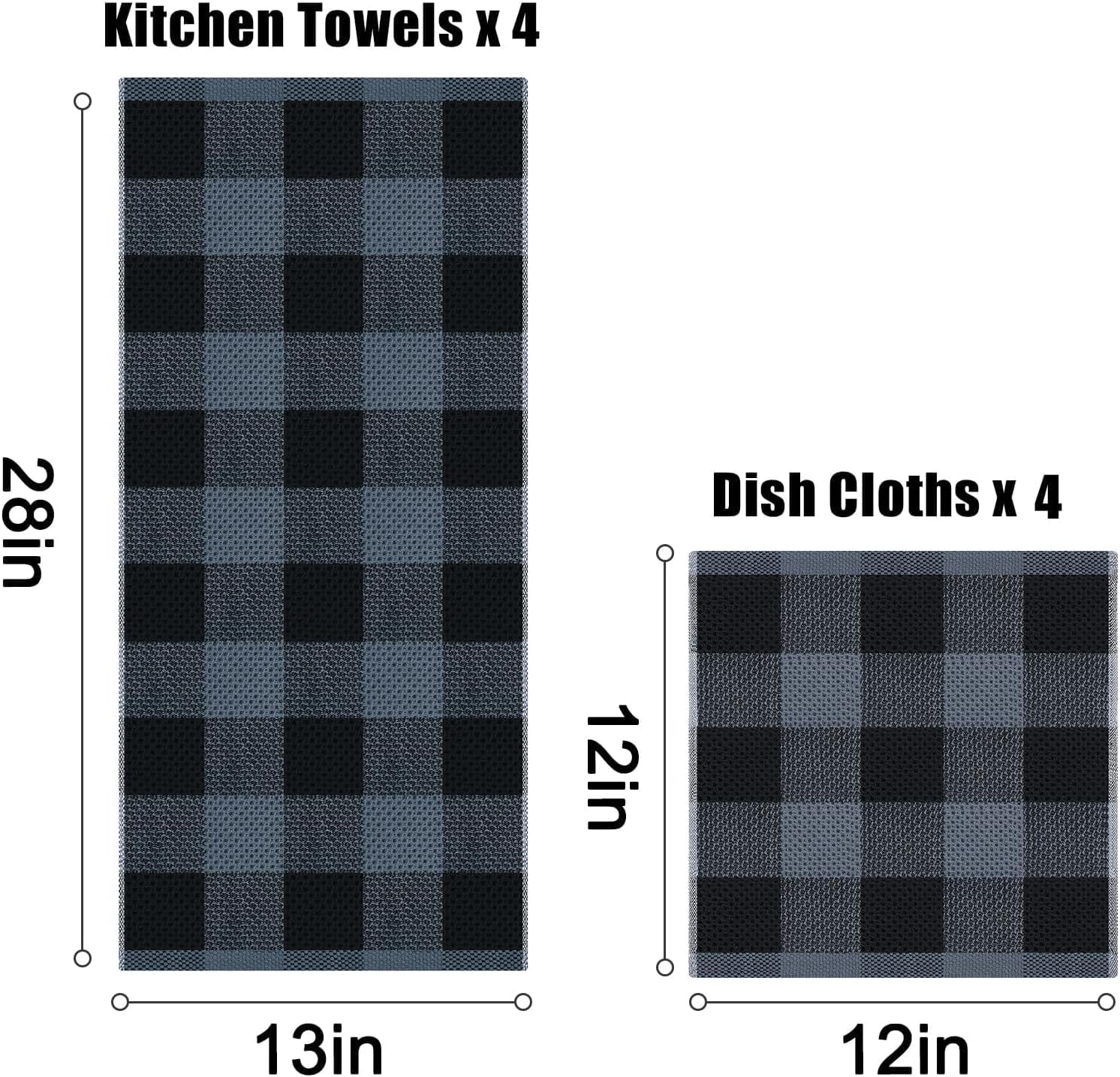 Thumbnail 3 de Homaxy Kitchen Towels and Dishcloths Set (8-Pack) – 100% Cotton Waffle Weave, Black & Grey