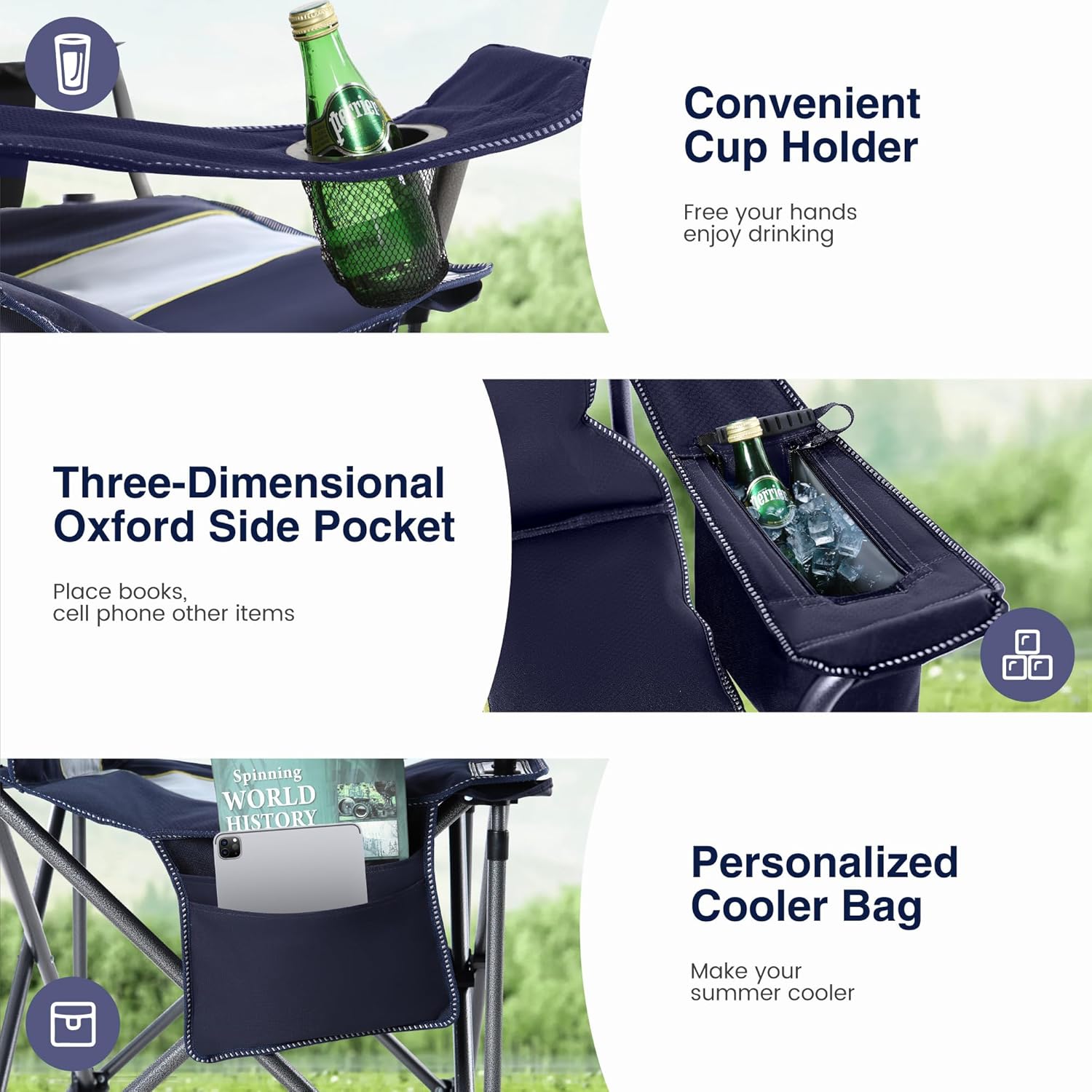 Detalle de HIGH POINT SPORTS faltbarer Campingstuhl (bis 200 kg) mit Getränkehaltern und Armlehnen – XXL Outdoorstuhl