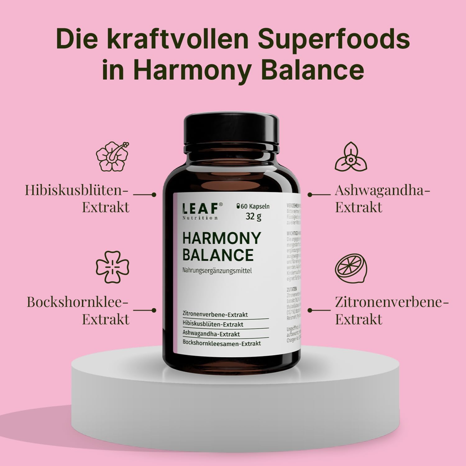 Detalle de LEAF HARMONY BALANCE Balance-Kapseln für Frauen mit Vitamin B6, Ashwagandha, Pinienrinde & Ginkgo – 60 vegane Kapseln