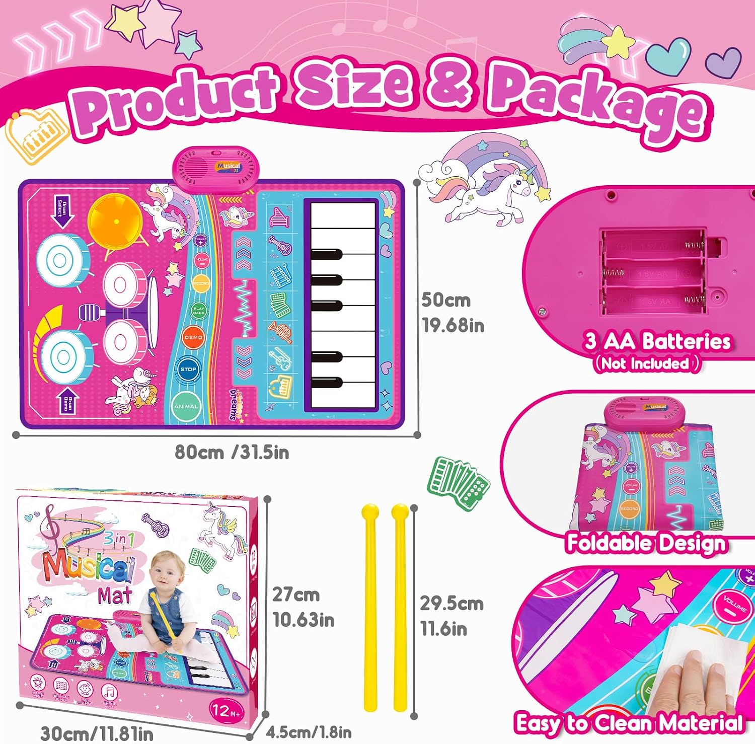 Thumbnail 1 de Gralal Unicorn 3-in-1 Musical Mat for 1–2 Year Old Girls – Pink Piano Drum with 19 Sounds