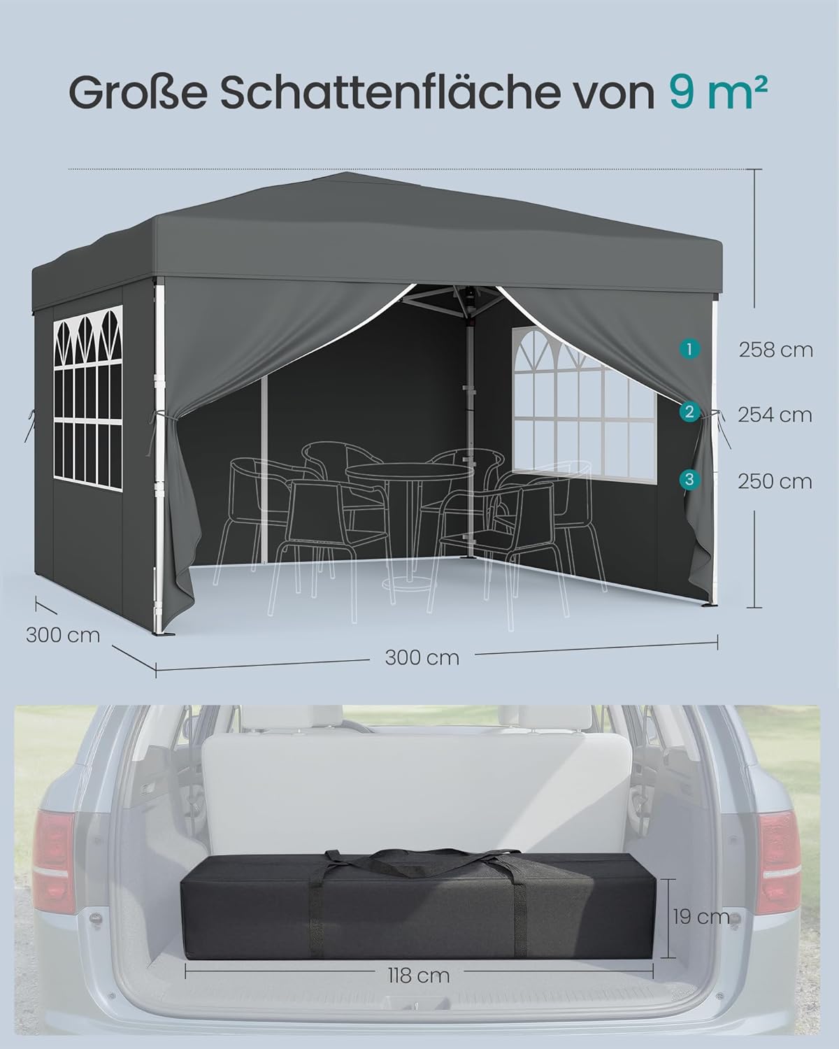 Detalle de SONGMICS Pavillon 3 x 3 m (GCT104GZ01) mit Seitenwänden – faltbar & transportabel, dunkelgrau