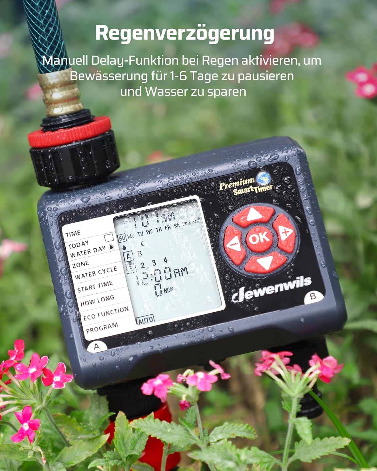 Detalle de DEWENWILS Centralina irrigazione: timer con 2 uscite indipendenti, ritardo pioggia ed ECO per giardini