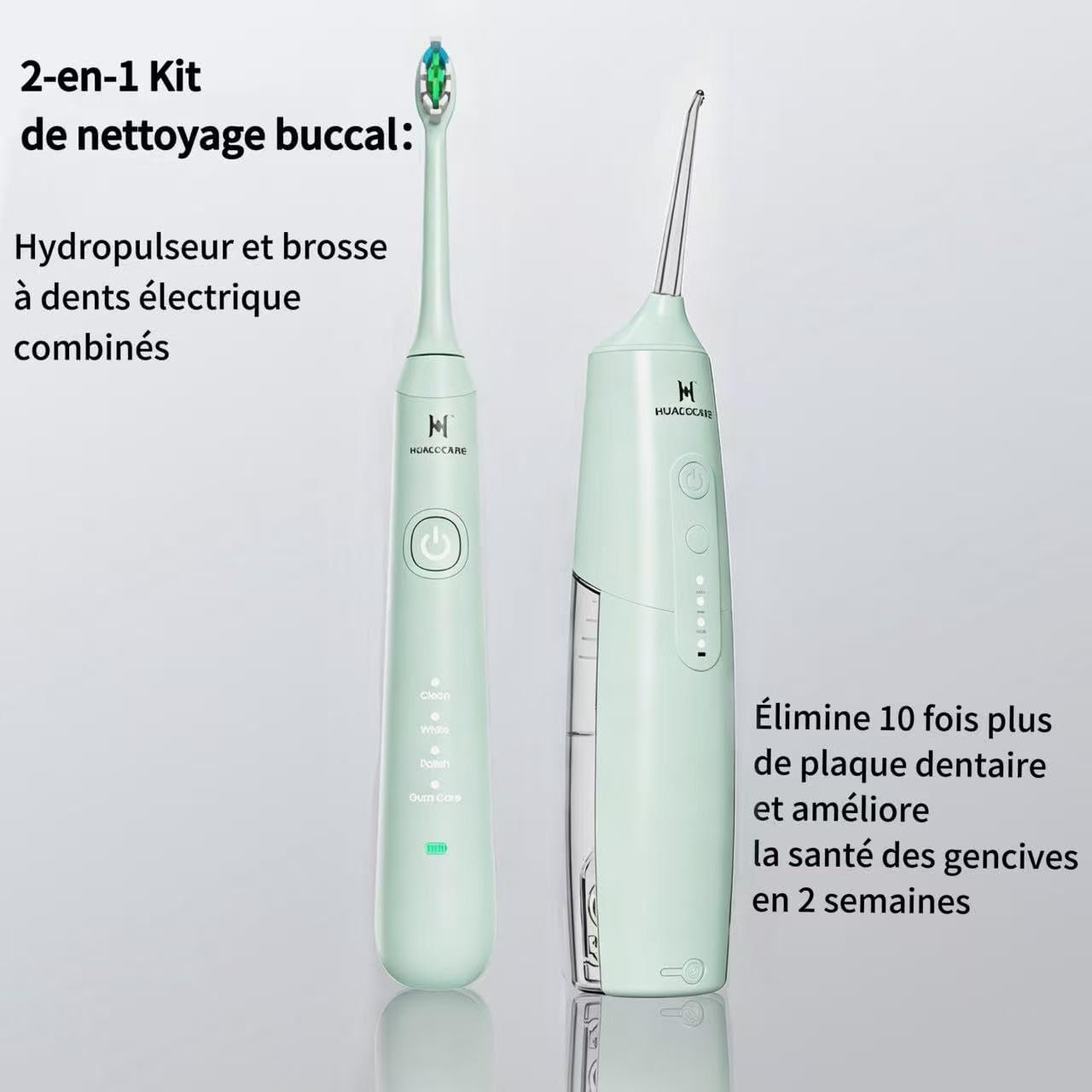 Thumbnail 1 de Kit de nettoyage buccal 2-1 : Hydropulseur dentaire et brosse à dents électrique (vert clair)