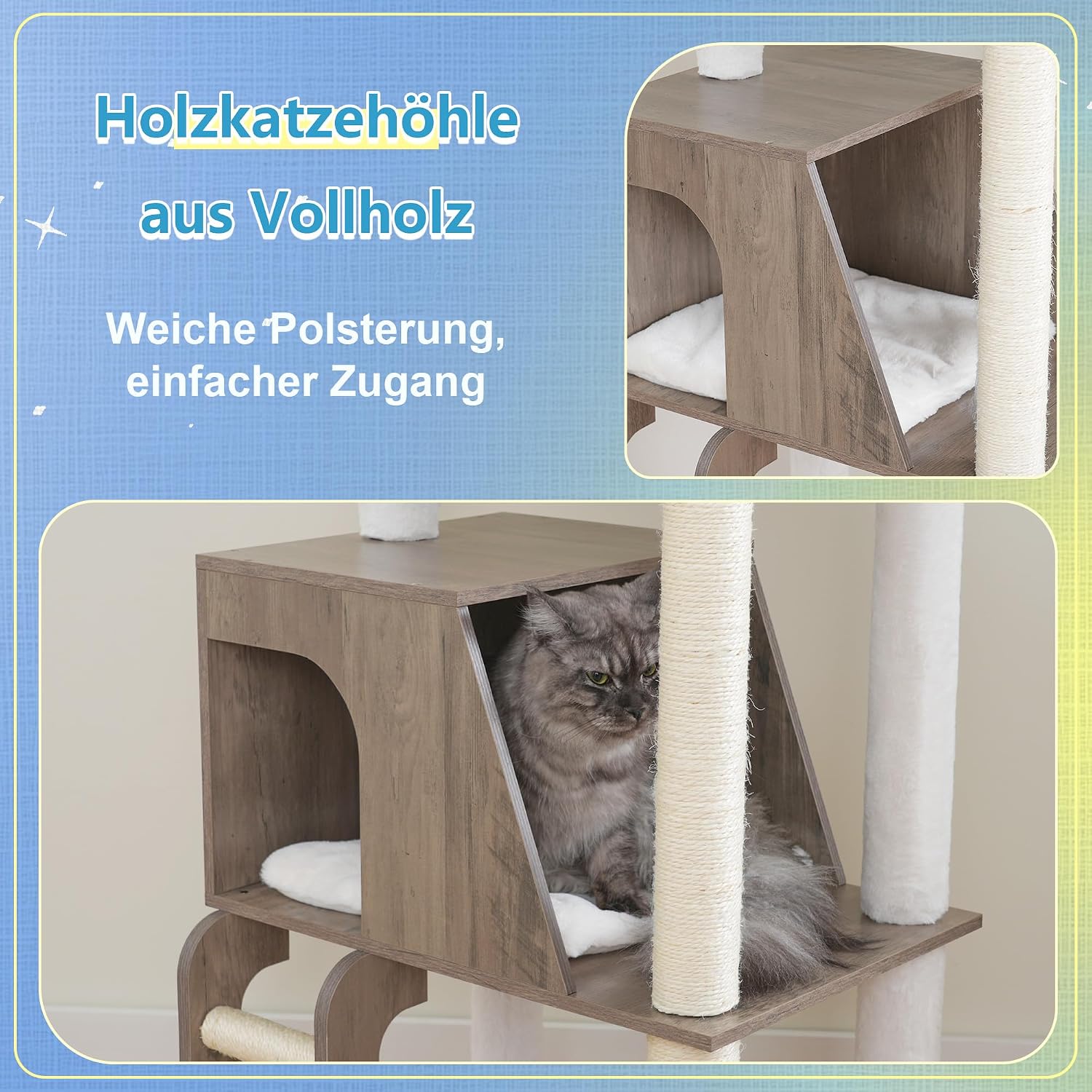 Detalle 2 de Hey-brother Holz Kratzbaum 184 cm – stabiler Katzenbaum aus Holz mit großen Plattformen, Korb, Höhle, Körnerkamm und Leiter (Gris Vintage EMPJ121SG)