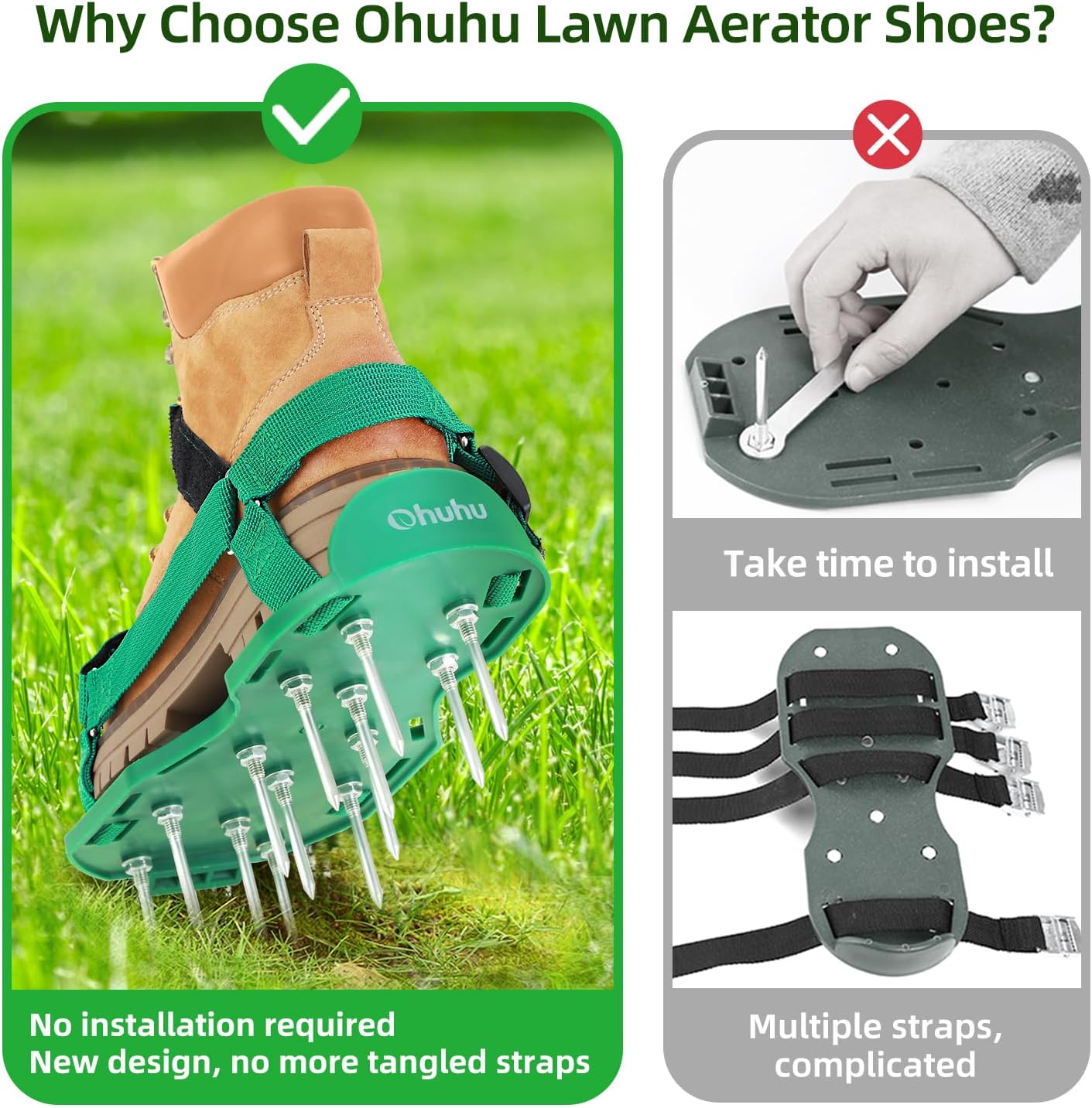 Detalle 2 de Ohuhu Lawn Aerator Shoes for Glass: Free-Installation Spike Sandals with Stainless Shovel