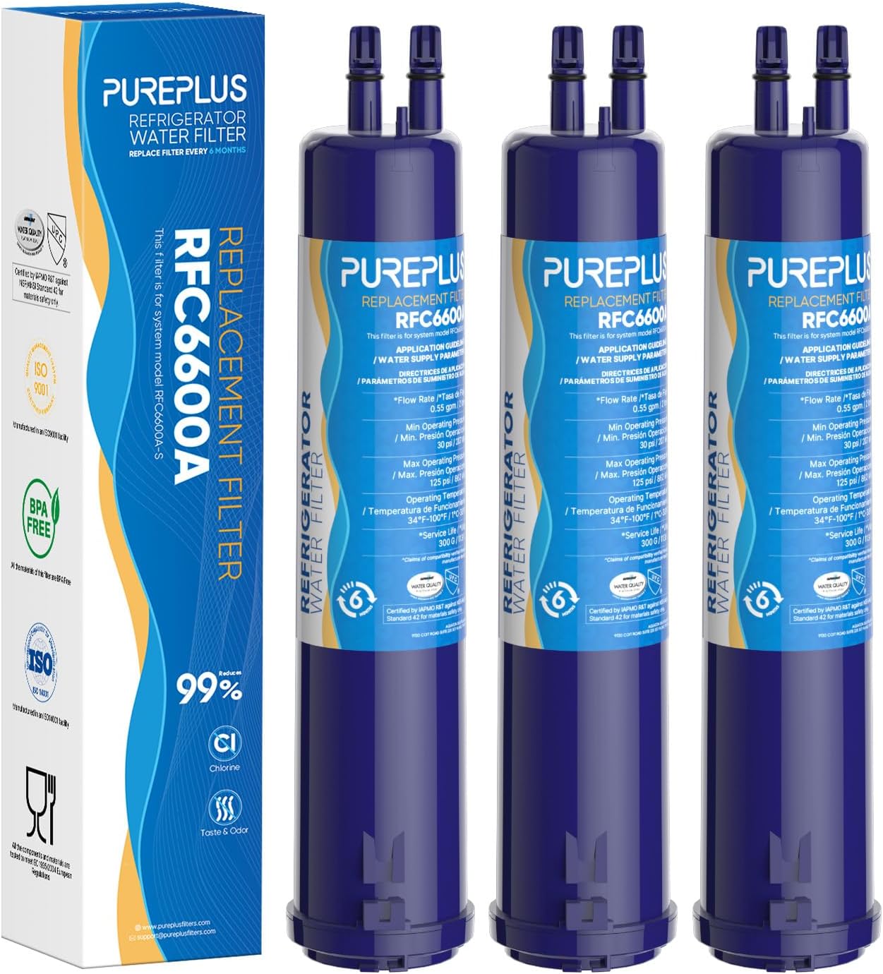 Detalle de PUREPLUS RFC6600A Refrigerator Water Filter, 3-Pack, Coconut Carbon