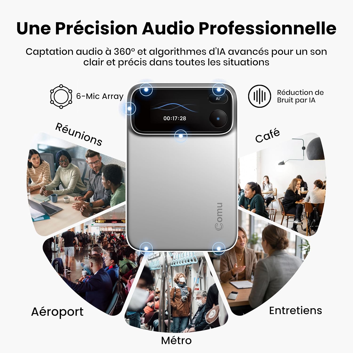 Detalle 1 de Comu Action Pro TN20-CA-BL AI-spraakrecorder met 16 GB en 360°-opname
