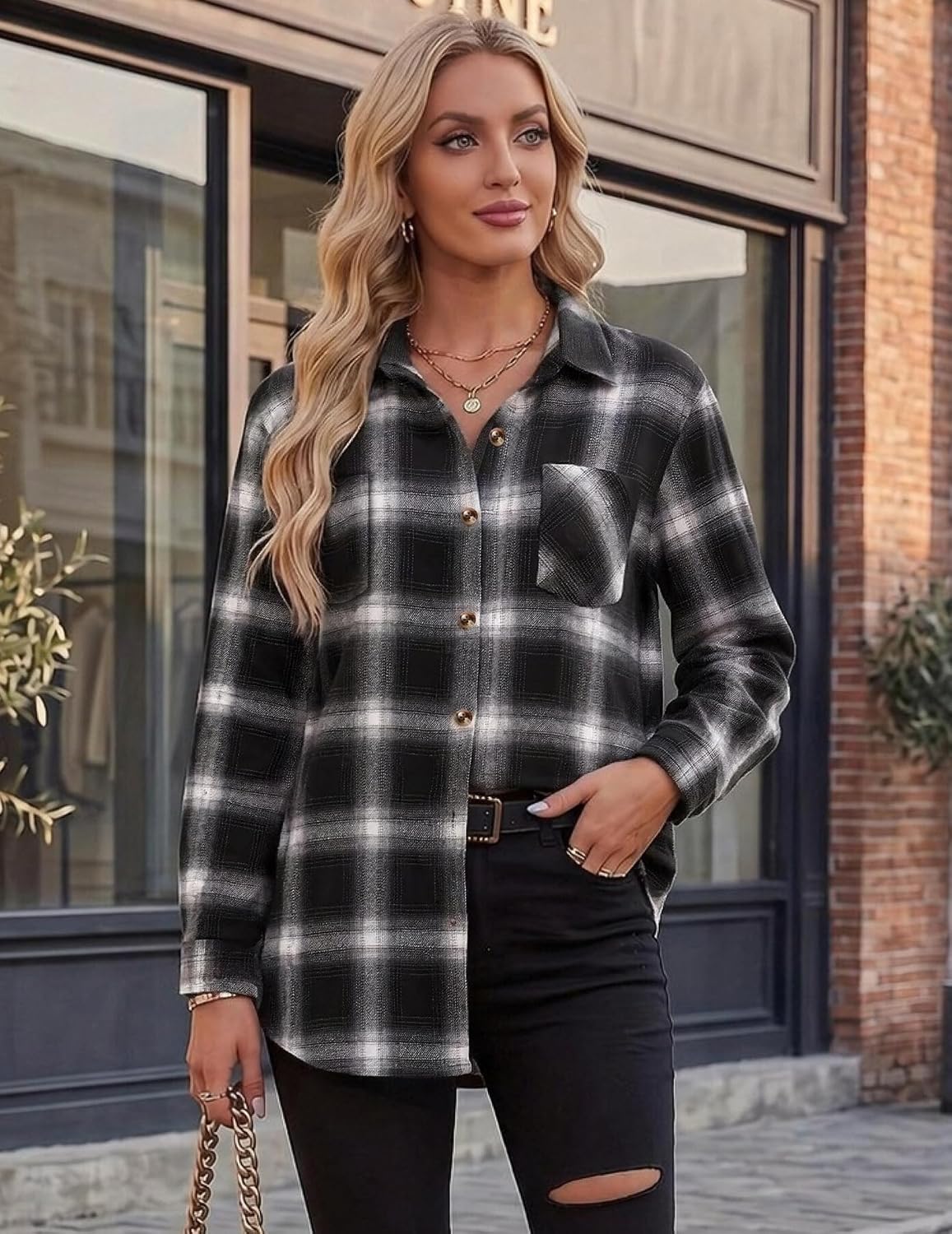 Detalle de Zeagoo Women's Flannel Plaid Button-Down Shirt, Long-Sleeve Casual Shacket