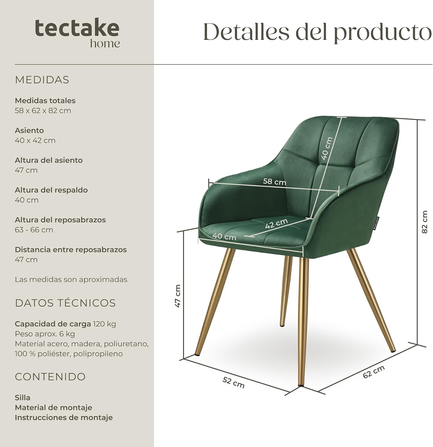 Thumbnail 2 de tectake Silla de comedor elegante verde