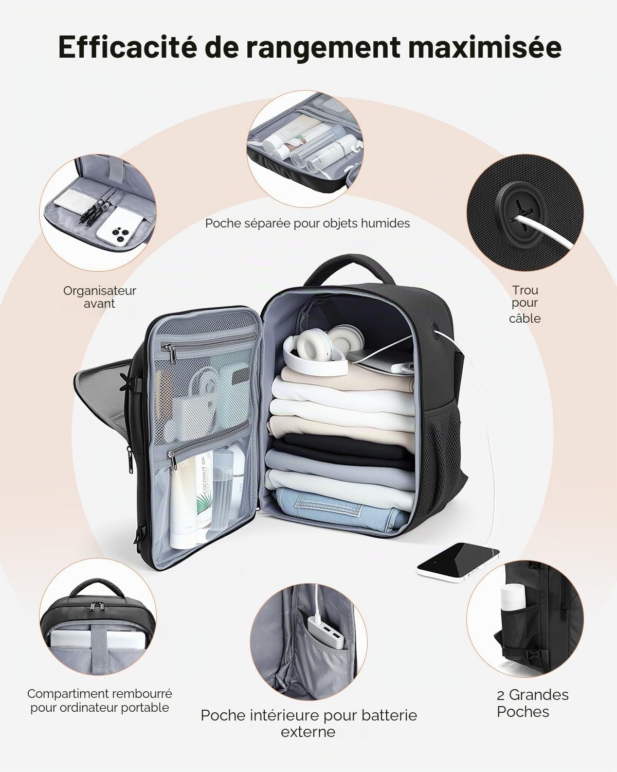 Detalle 2 de Lekespring Sac à Dos Cabine 40x30x20 Ryanair – 24–30L extensible, ordinateur, noir