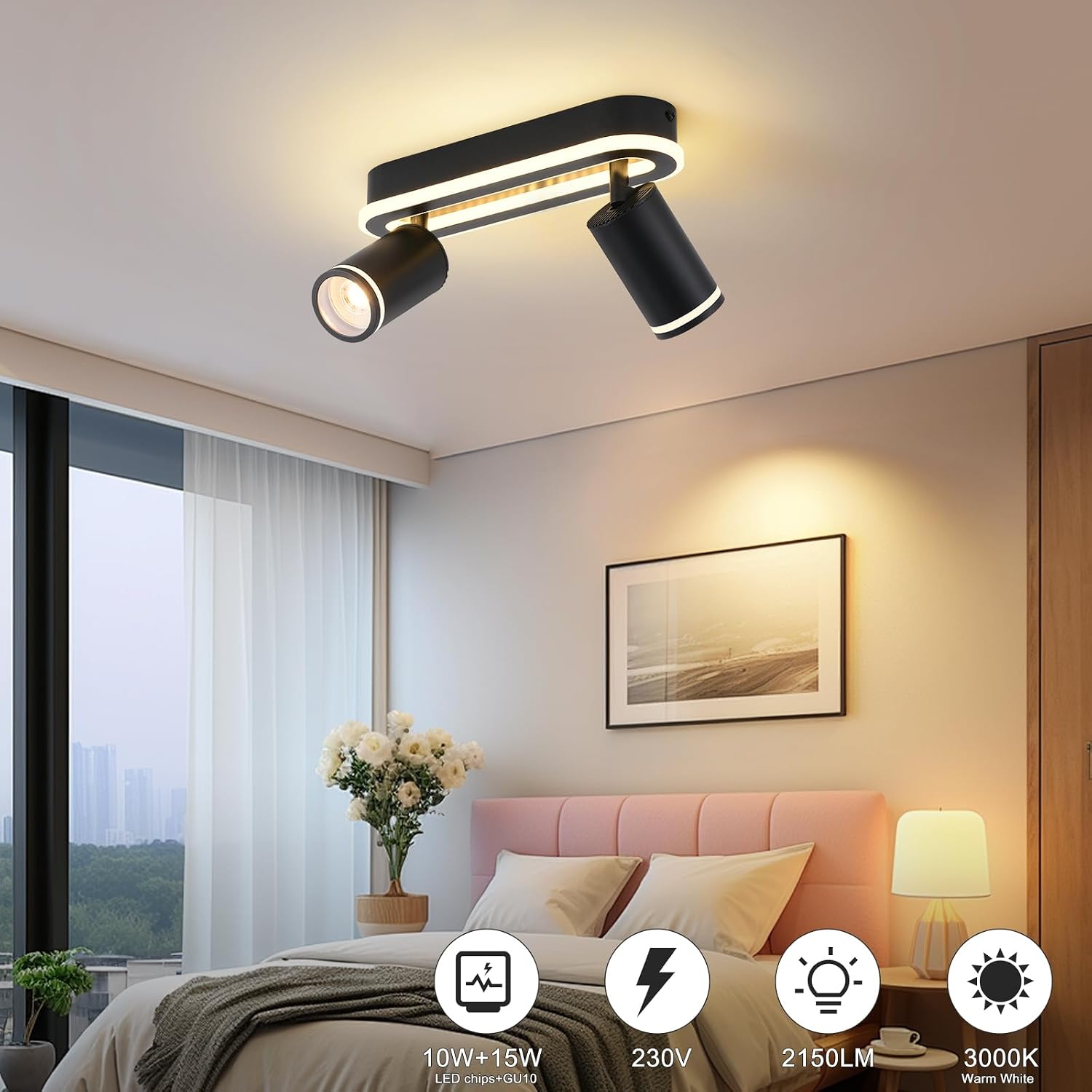Detalle 2 de SANSHI Deckenleuchte 2-flammig mit LED, schwenkbar 350°: 15W + 2x 5W GU10 Spots, 3000K warmweiß, schwarz