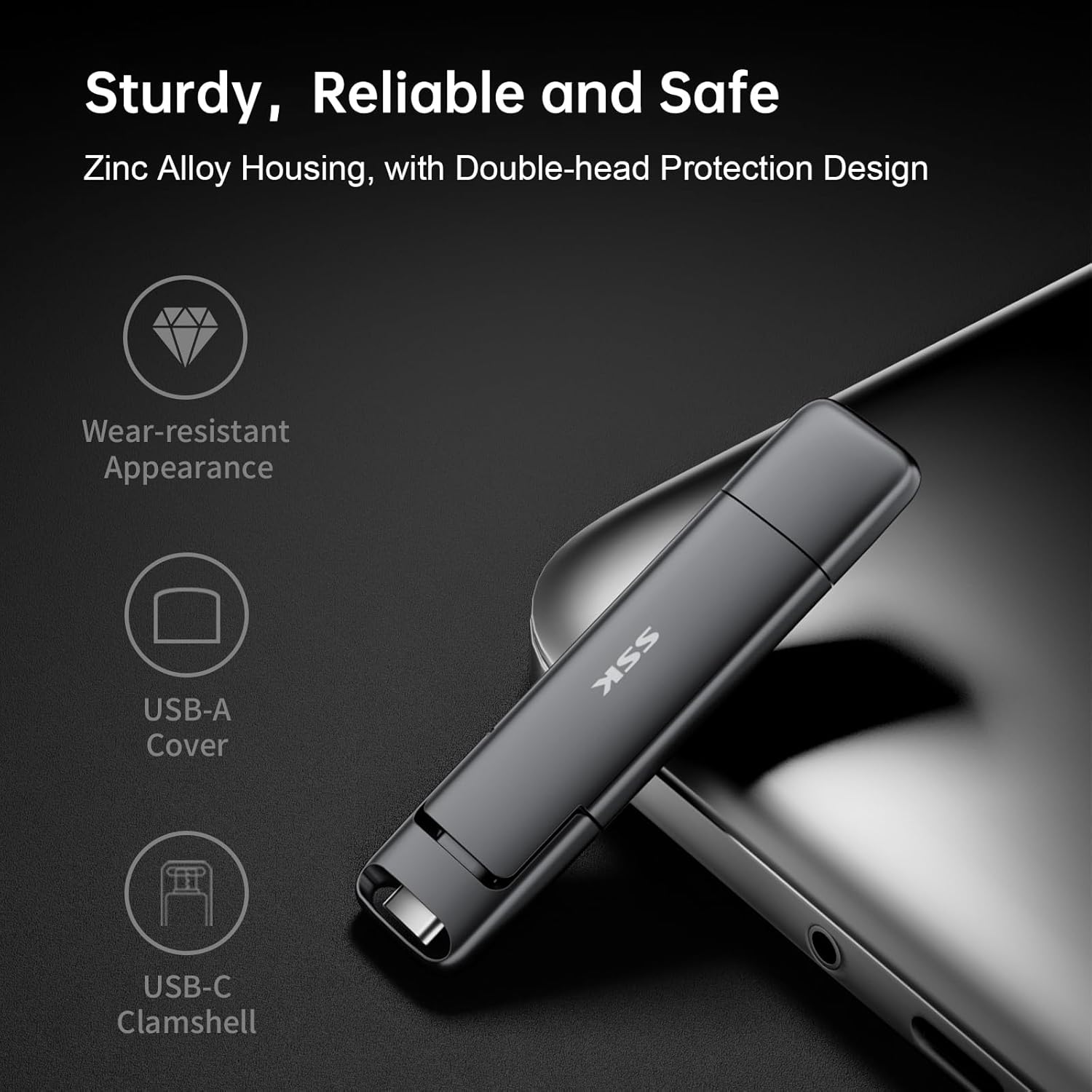 Detalle 2 de SSK External USB C SSD Flash Drive 512GB (Dual USB C + USB A) with 550 MB/s read, 500 MB/s write