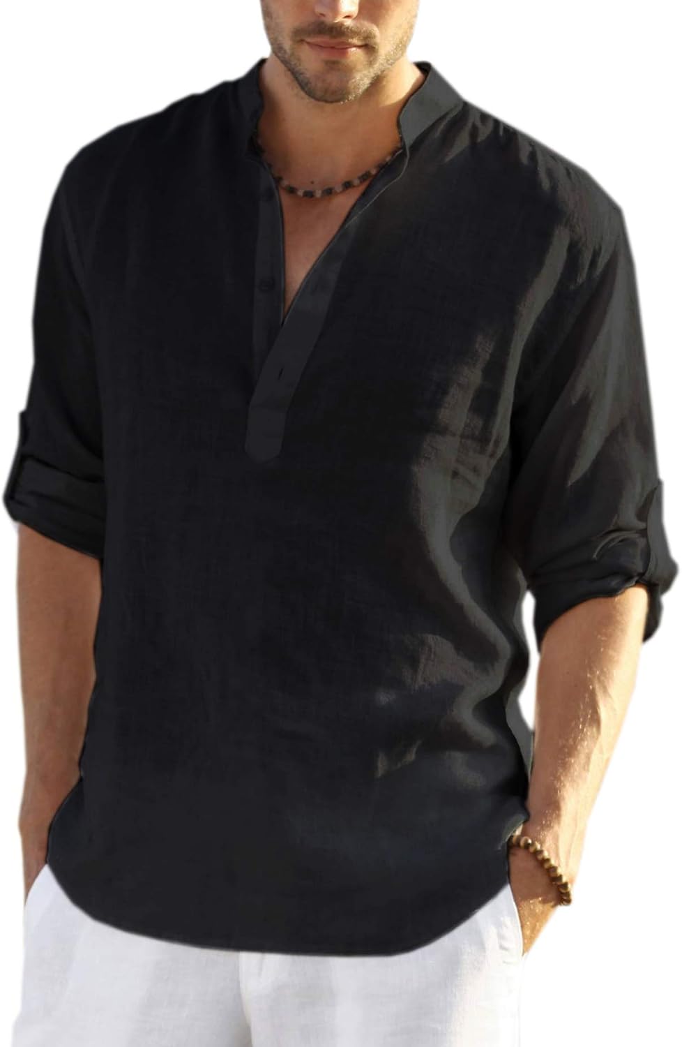 Detalle de COOFANDY Men's Cotton Linen Henley T-Shirt Long Sleeve – Lightweight, Breathable Beach-Ready Henley