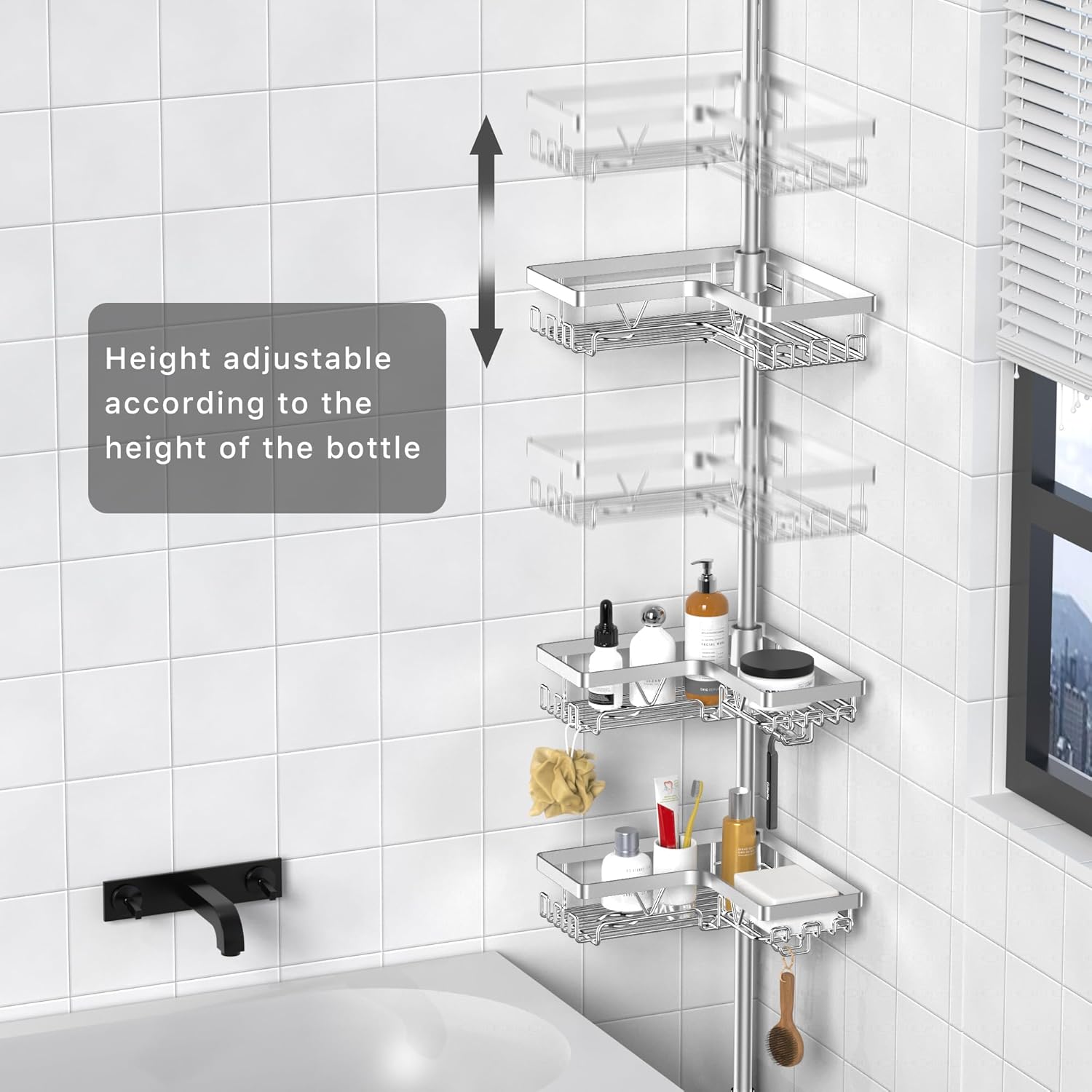 Thumbnail 1 de Kegii Telescopic Shower Caddy Corner Storage with 4 Baskets (No-drill) – Silver