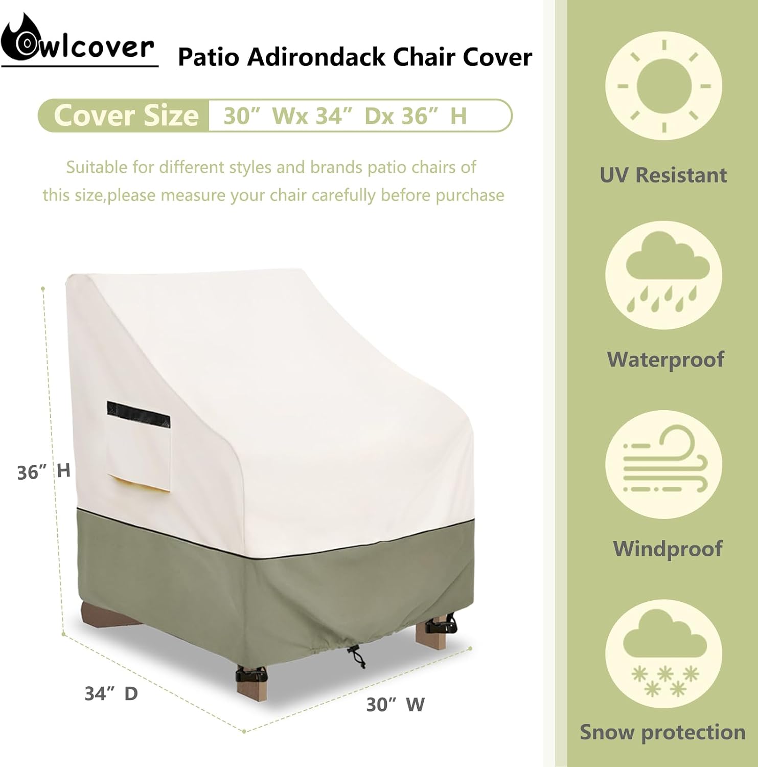 Detalle 2 de Owlcover Adirondack Chair Cover, 600D Waterproof, 30 x 34 x 36 Inches, Beige