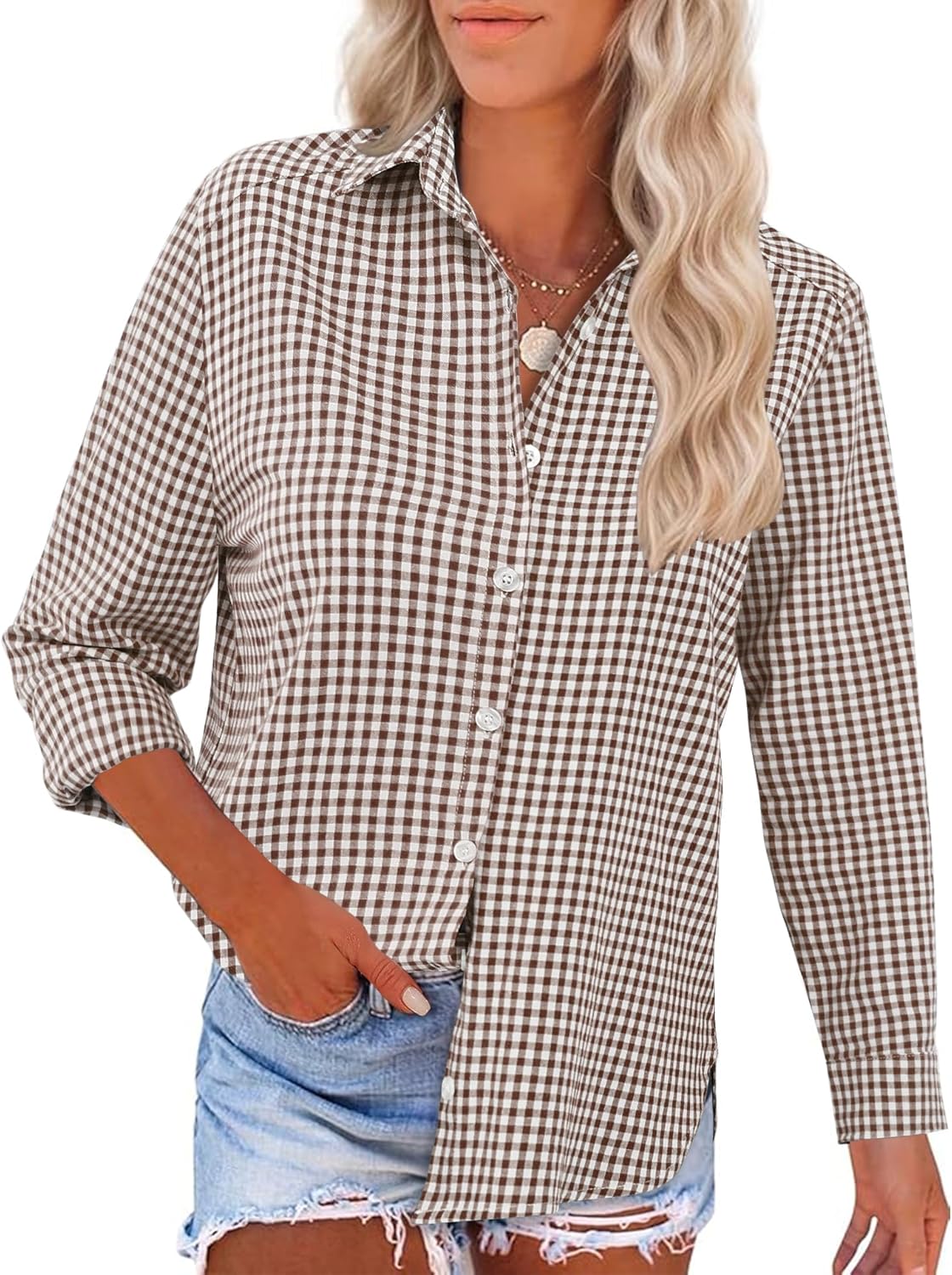 Thumbnail 1 de Rapbin Damen-Bluse mit V-Ausschnitt, Langarmhemd im karierten Streifen-Design