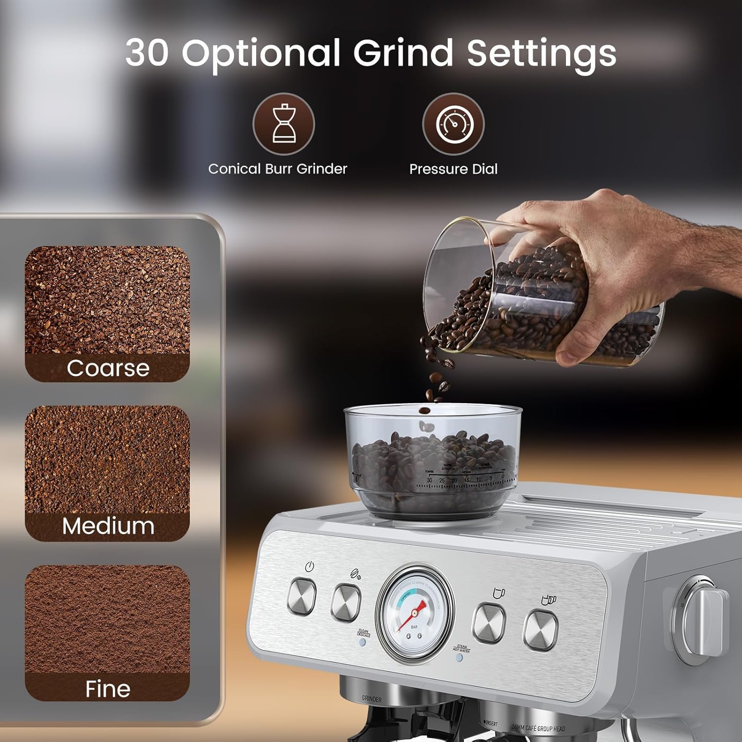Thumbnail 2 de (2026 Upgrade) Espresso Machine with Grinder + Milk Steam Wand (15 Bar) — Home Espresso for Cappuccino & Latte