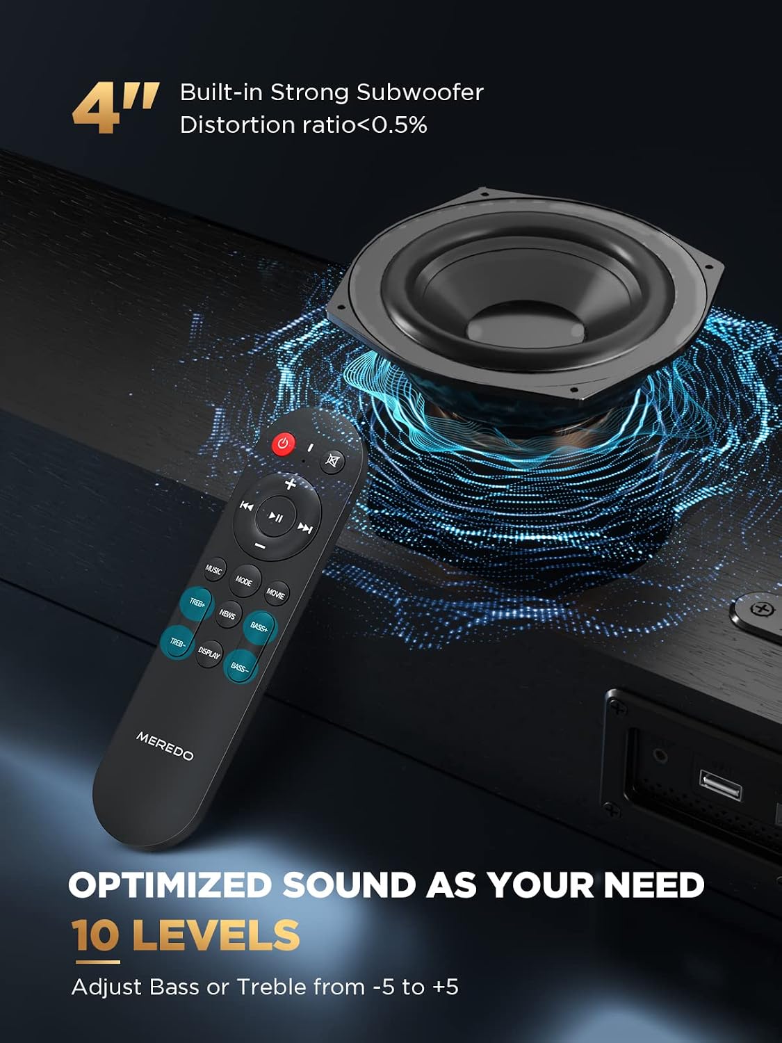 Detalle de MEREDO Soundbar 2.1 Holz – 150 W mit integriertem Subwoofer, ARC, BT 5.0, 5 EQ-Modi