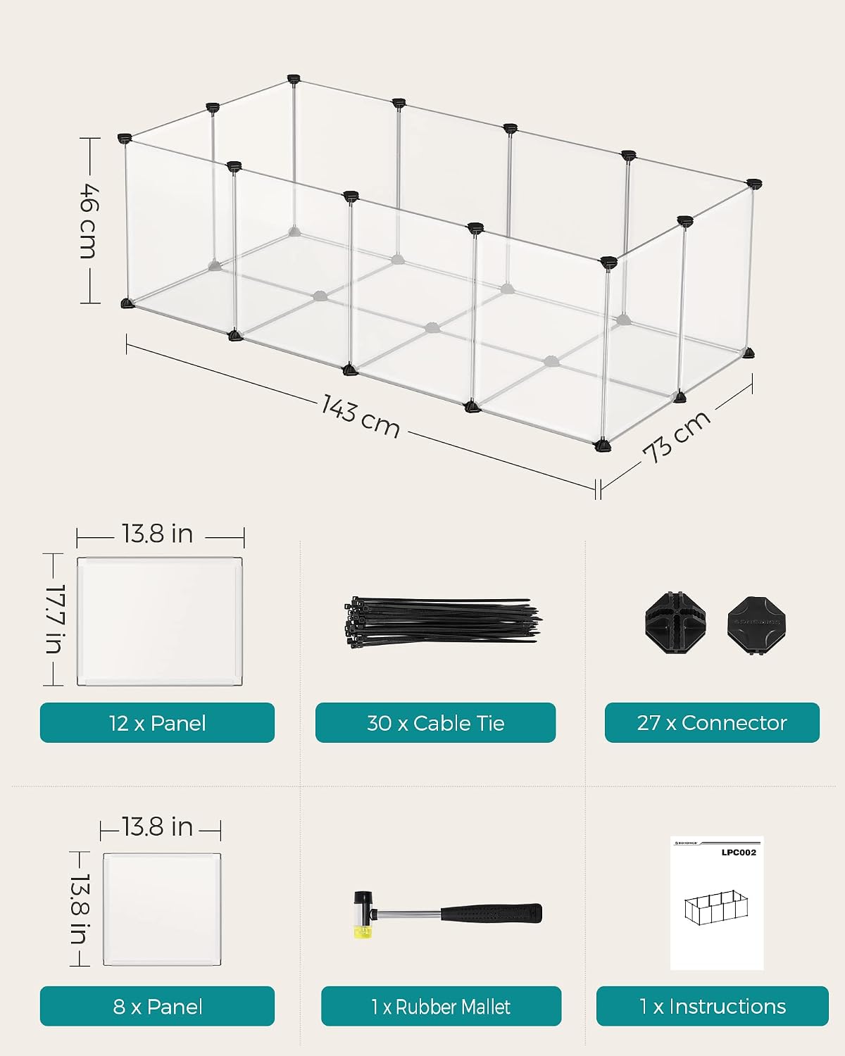 Detalle 2 de SONGMICS DAMION LPC02W Small-Animal Enclosure, 140 x 70 x 45 cm with Floor
