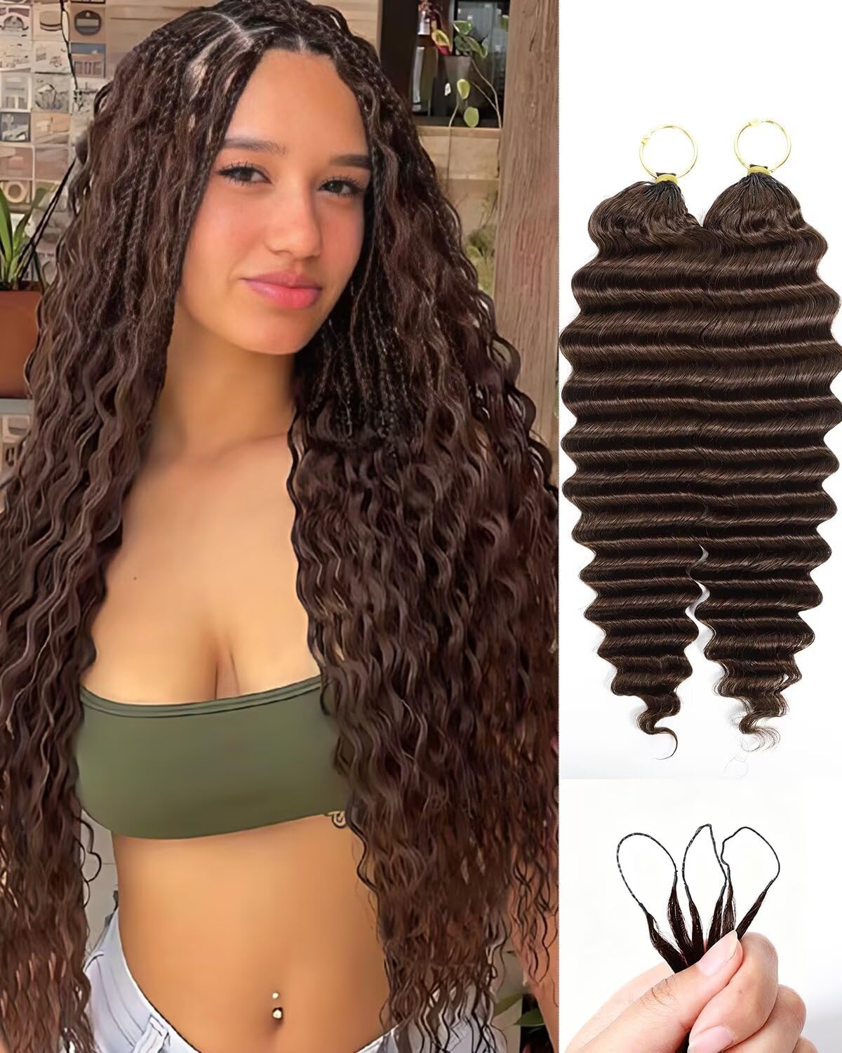 Detalle de VDZ 14-Inch Human Crochet Hair, 4# Chocolate Brown Deep Wave, 110g, 80 Strands