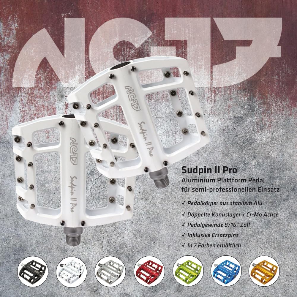 Detalle de NC-17 Sudpin II Pro – białe aluminiowe pedały platformowe z osią Cr-Mo