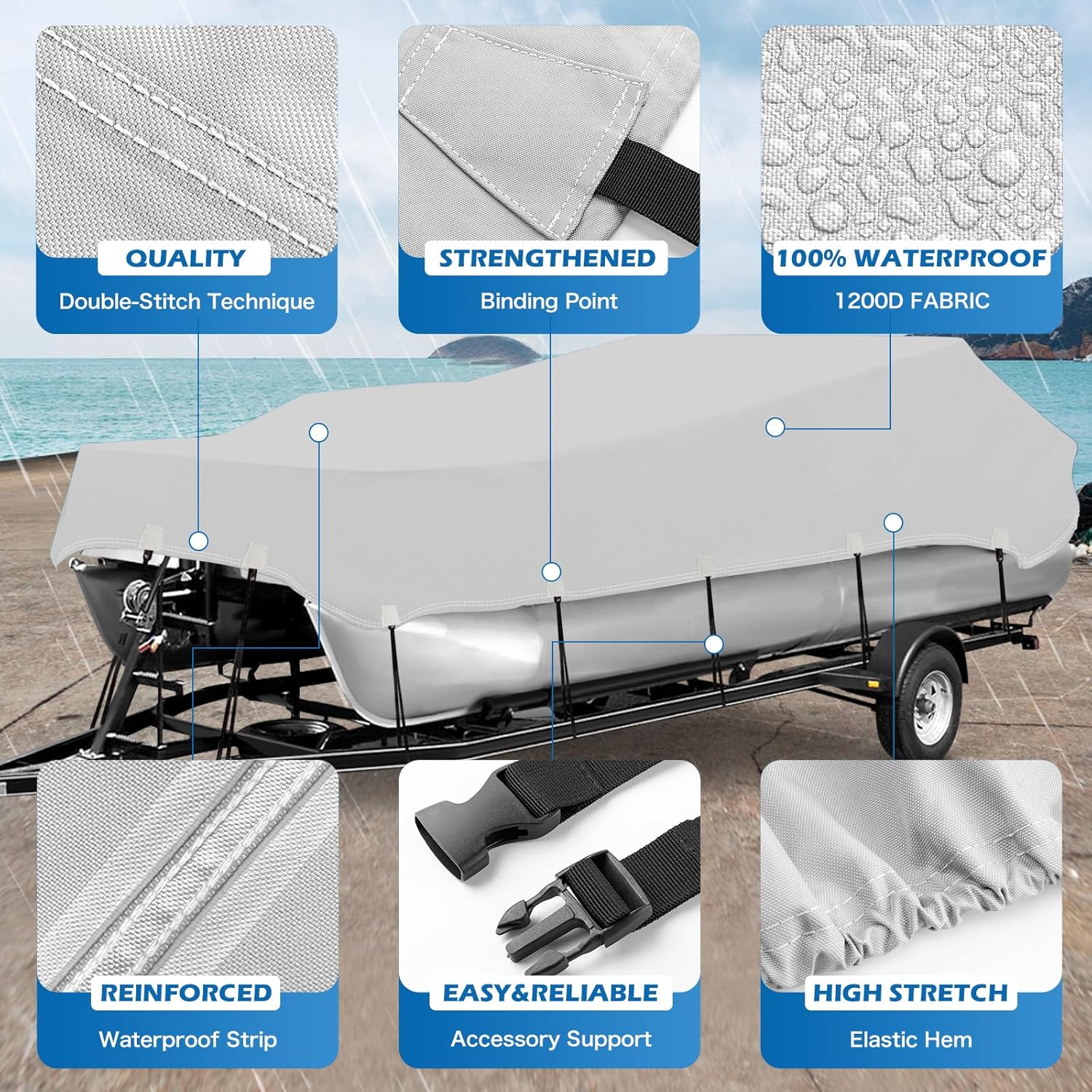 Thumbnail 2 de Solim Trailerable 1200D PU Heavy Duty Pontoon Boat Cover (22–24 ft) with Adjustable Tie-Down Straps, Gray