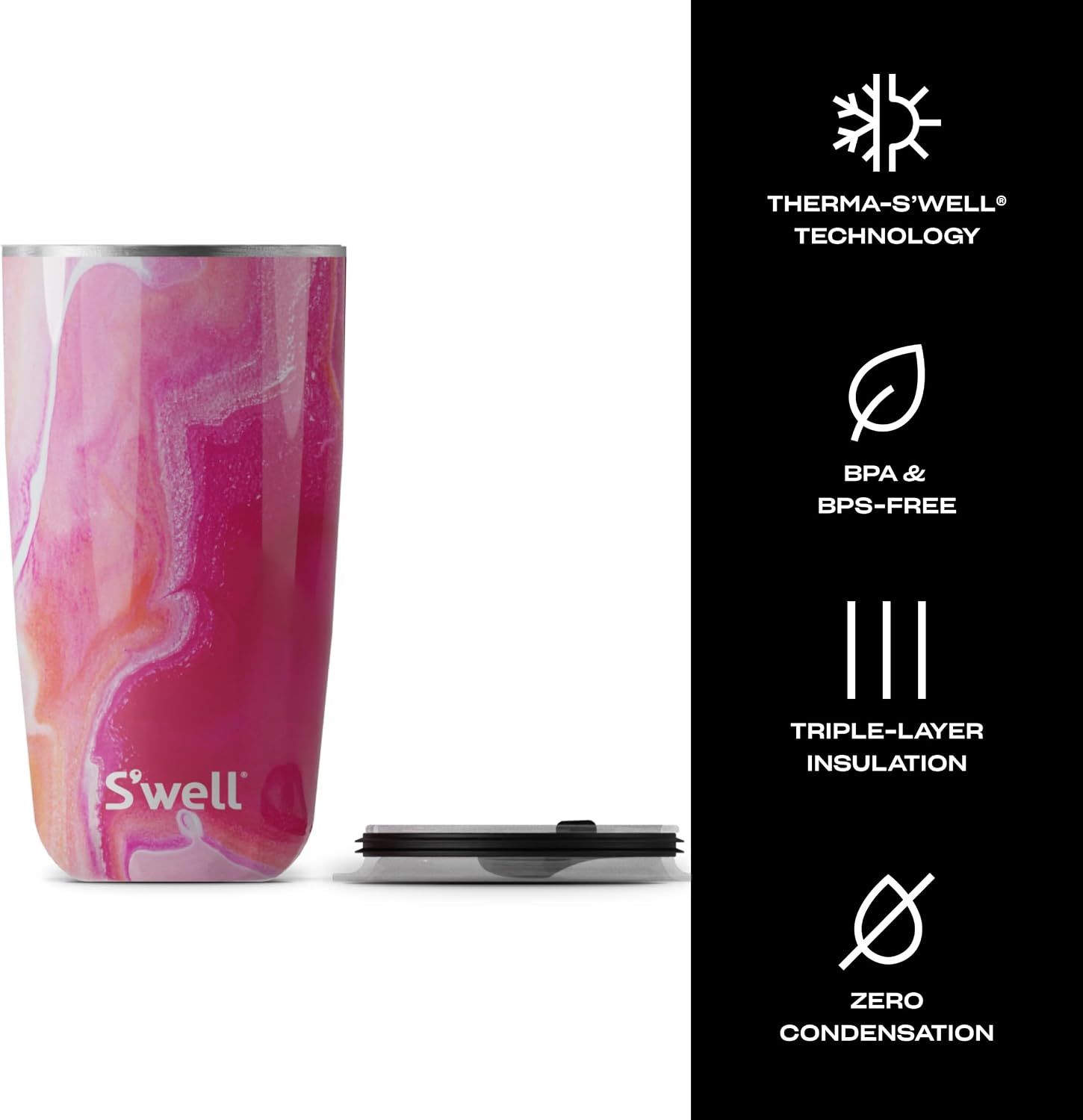 Thumbnail 3 de S'well Bicchiere con Coperchio 530 ml Agata Rosa – Tazza da Viaggio a Triplo Isolamento