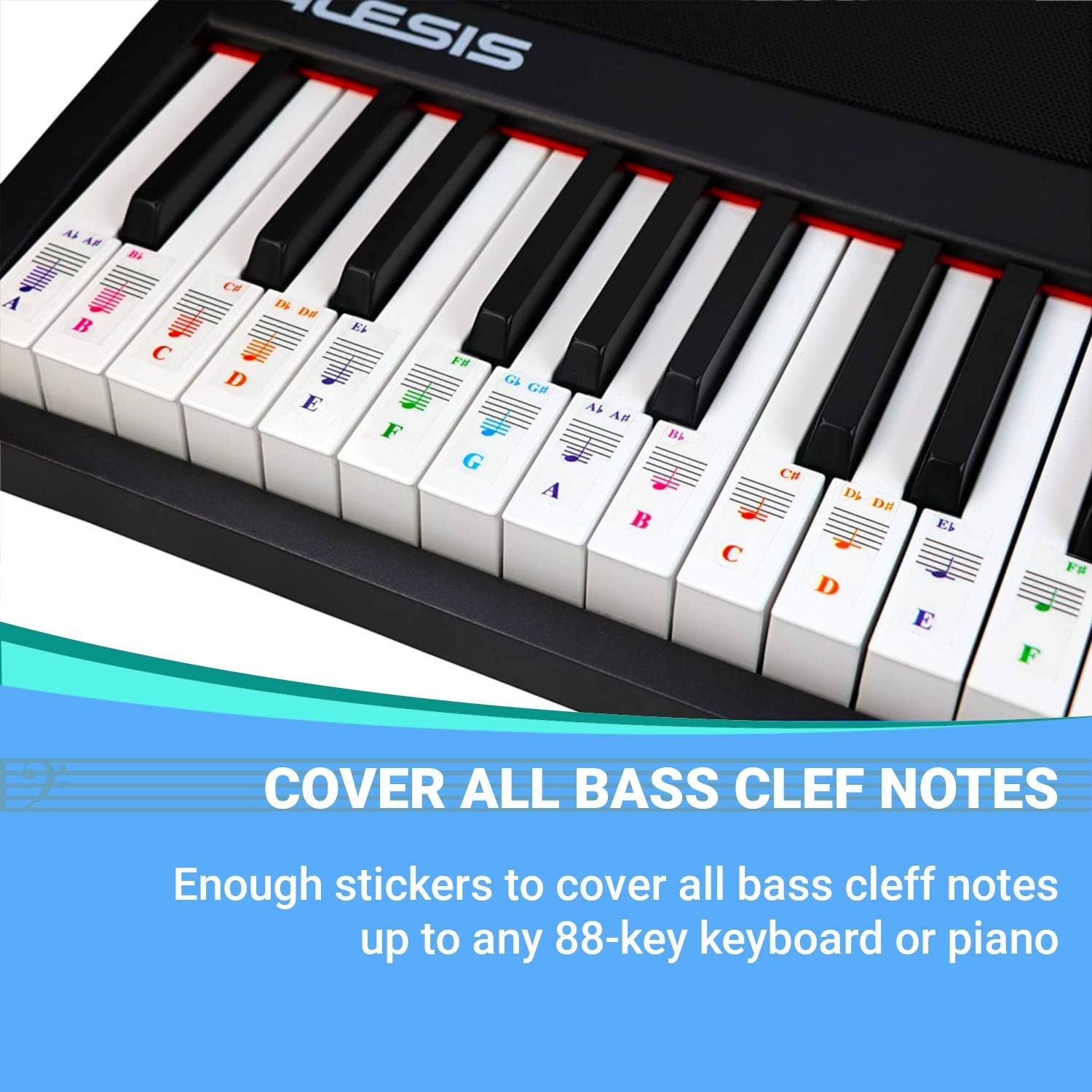 Detalle de QMG Piano Keyboard Note Stickers, 2-Pack, Transparent Vinyl for White Keys
