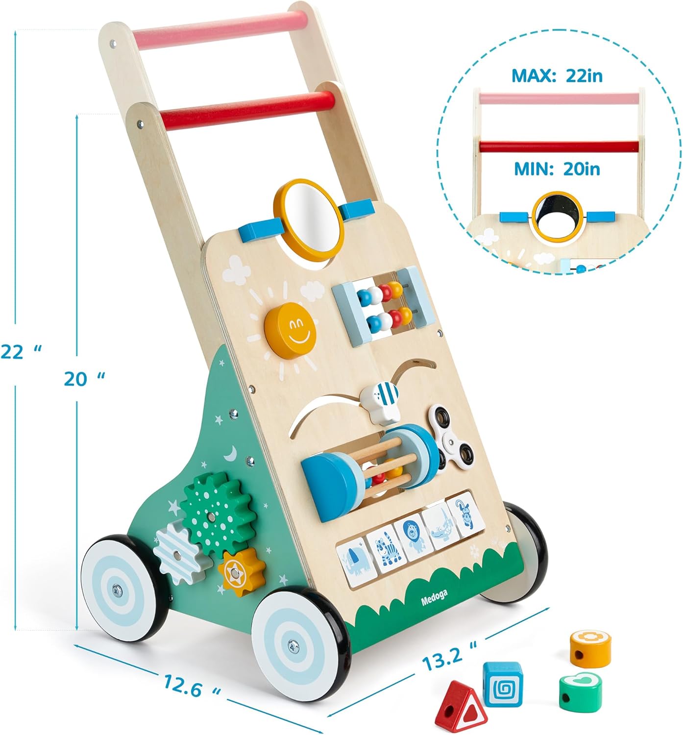 Detalle de Wooden Baby Walker, 10 in 1 Activity Center (BW001) — Adjustable Wooden Toddler Walker for Boys and Girls