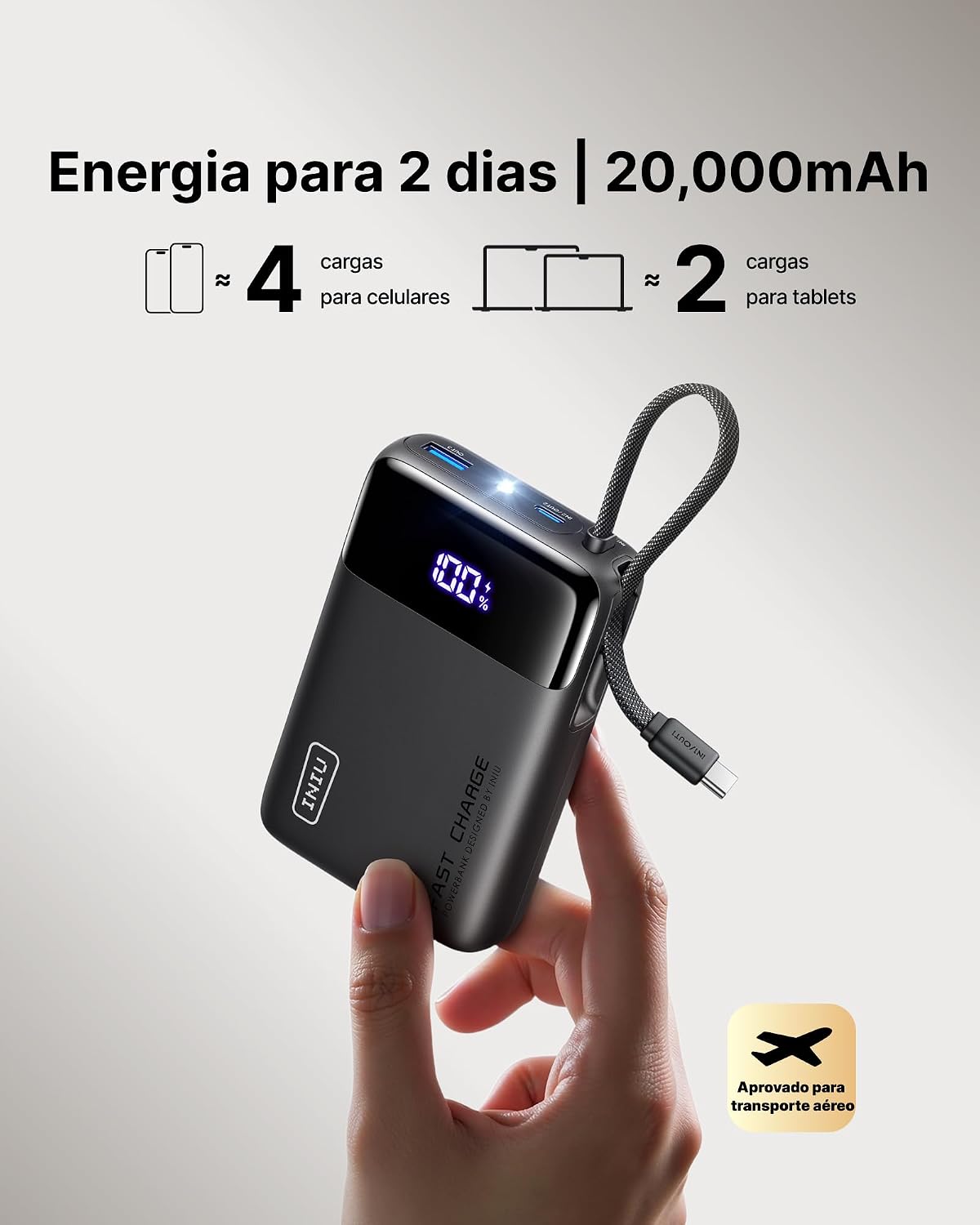 Detalle 2 de INIU 45W Power Bank 20000mAh powerbank con cavo USB‑C integrato