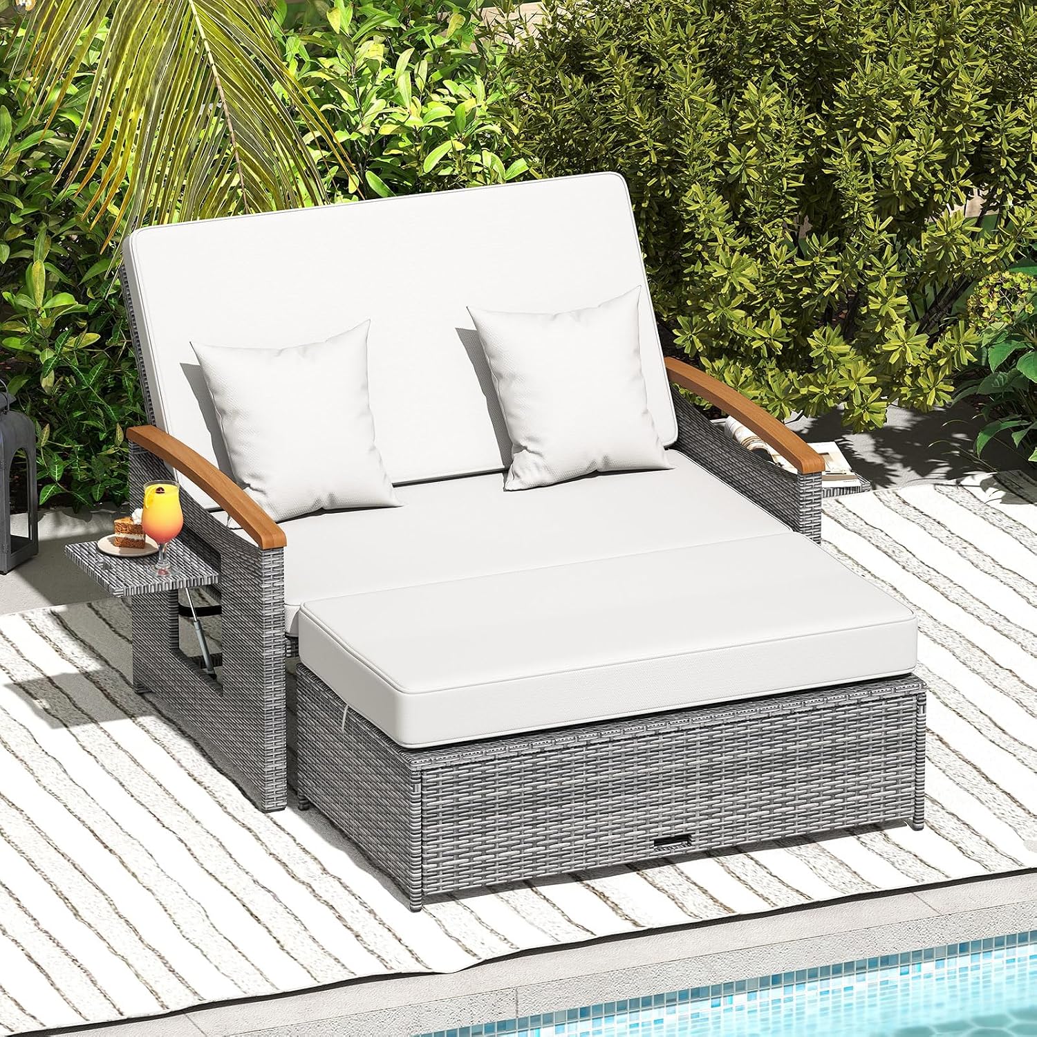 Detalle de COSTWAY Polyrattan Sonnenliege: Verstellbare Rückenlehne, Seitenablage und Doppel-Loungemöbel für Garten und Balkon