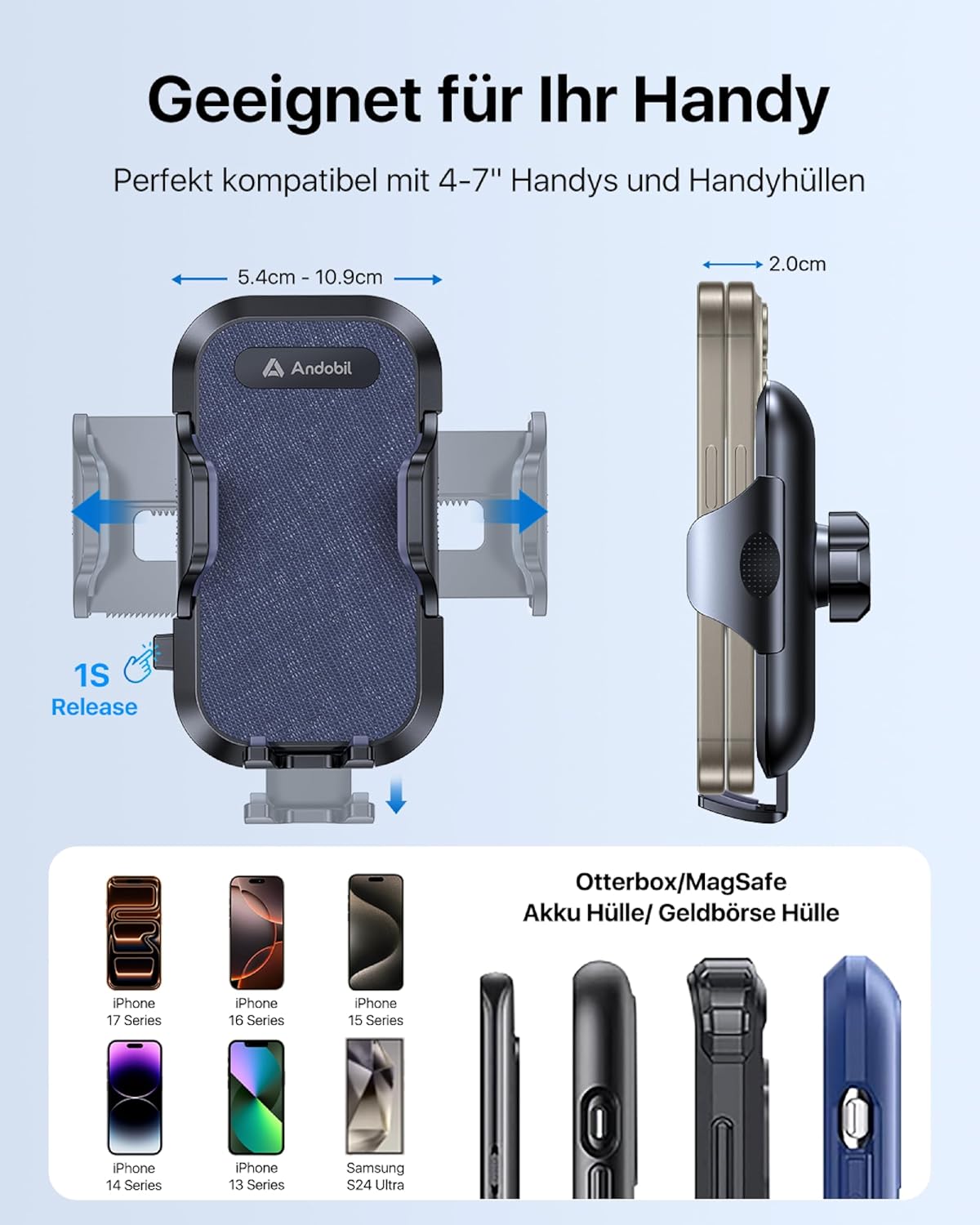 Detalle 2 de andobil Handyhalterung Auto Lüftung – 360° drehbar, sicherer Griff, Universal 4–7 Zoll