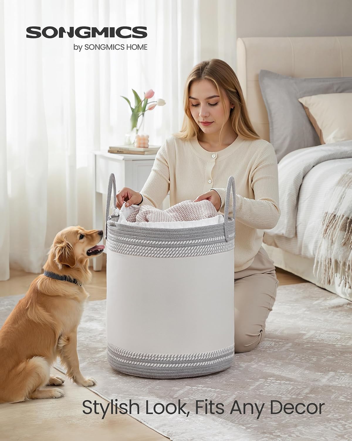 Detalle 2 de SONGMICS Stowit RLH060G01 Laundry Basket, 60 L, Dove Grey and Cloud White