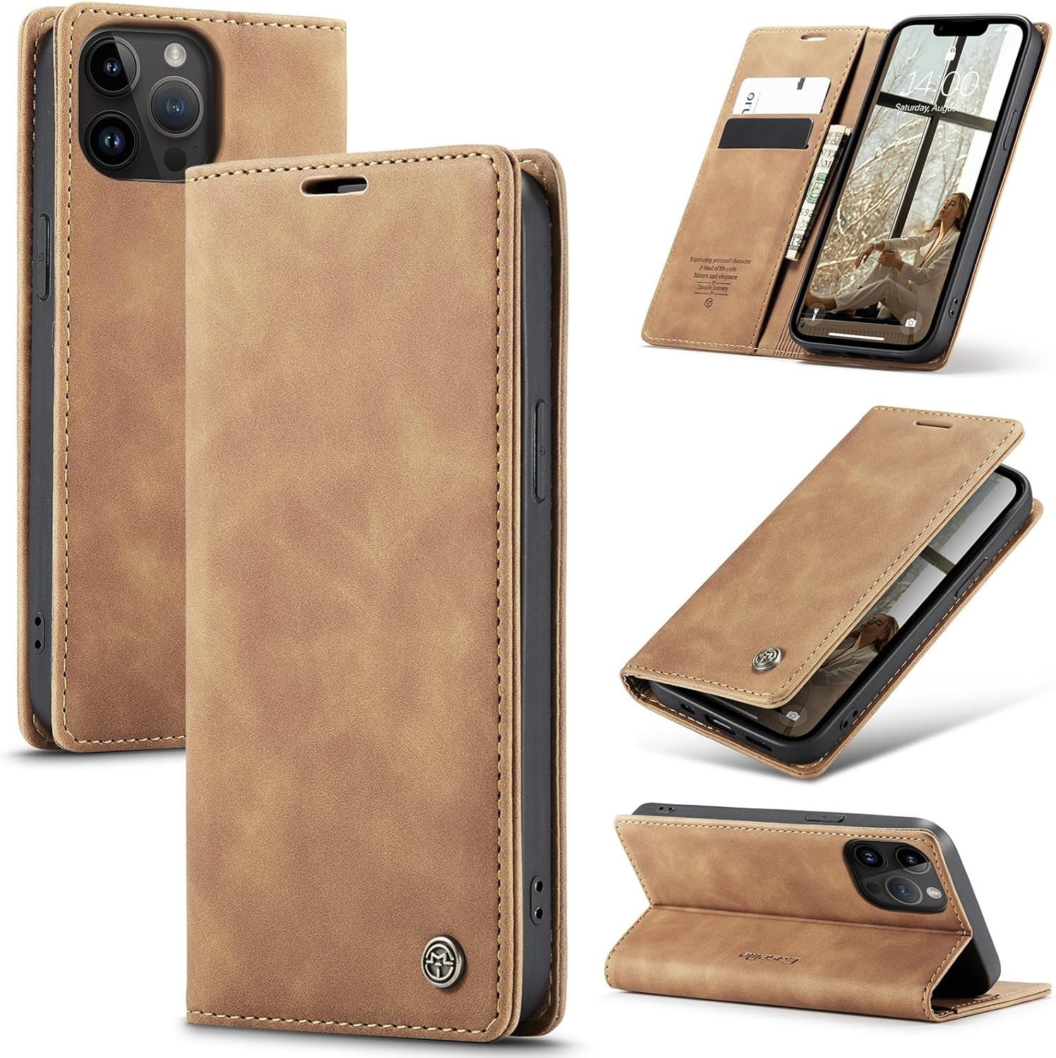 Detalle de Lanranwa Premium Lederhülle Klappbar für iPhone 13 Pro Max – Braun