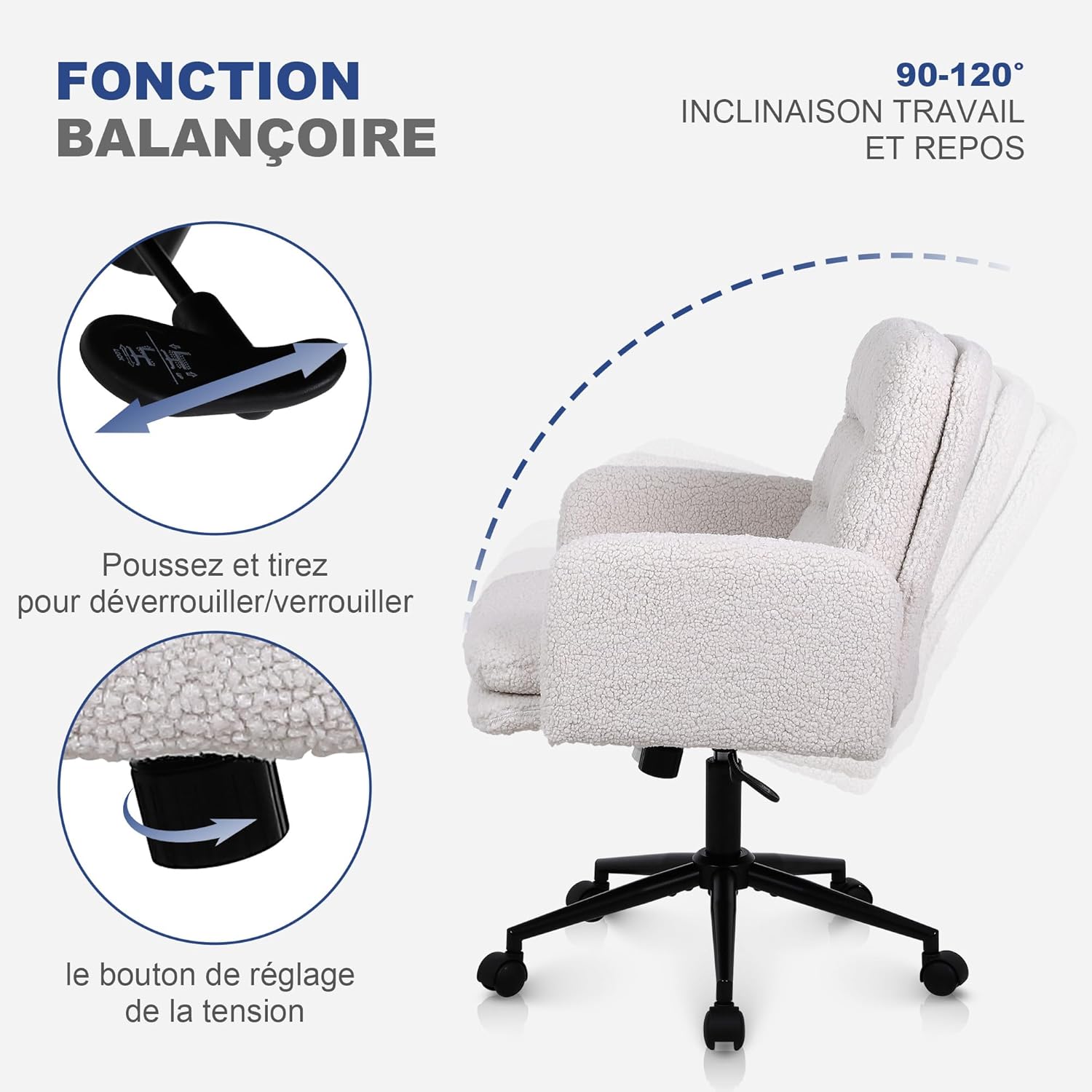 Detalle de Youhauchair Chaise Bureau – Fauteuil ergonomique en fausse fourrure, hauteur réglable et assise rembourrée