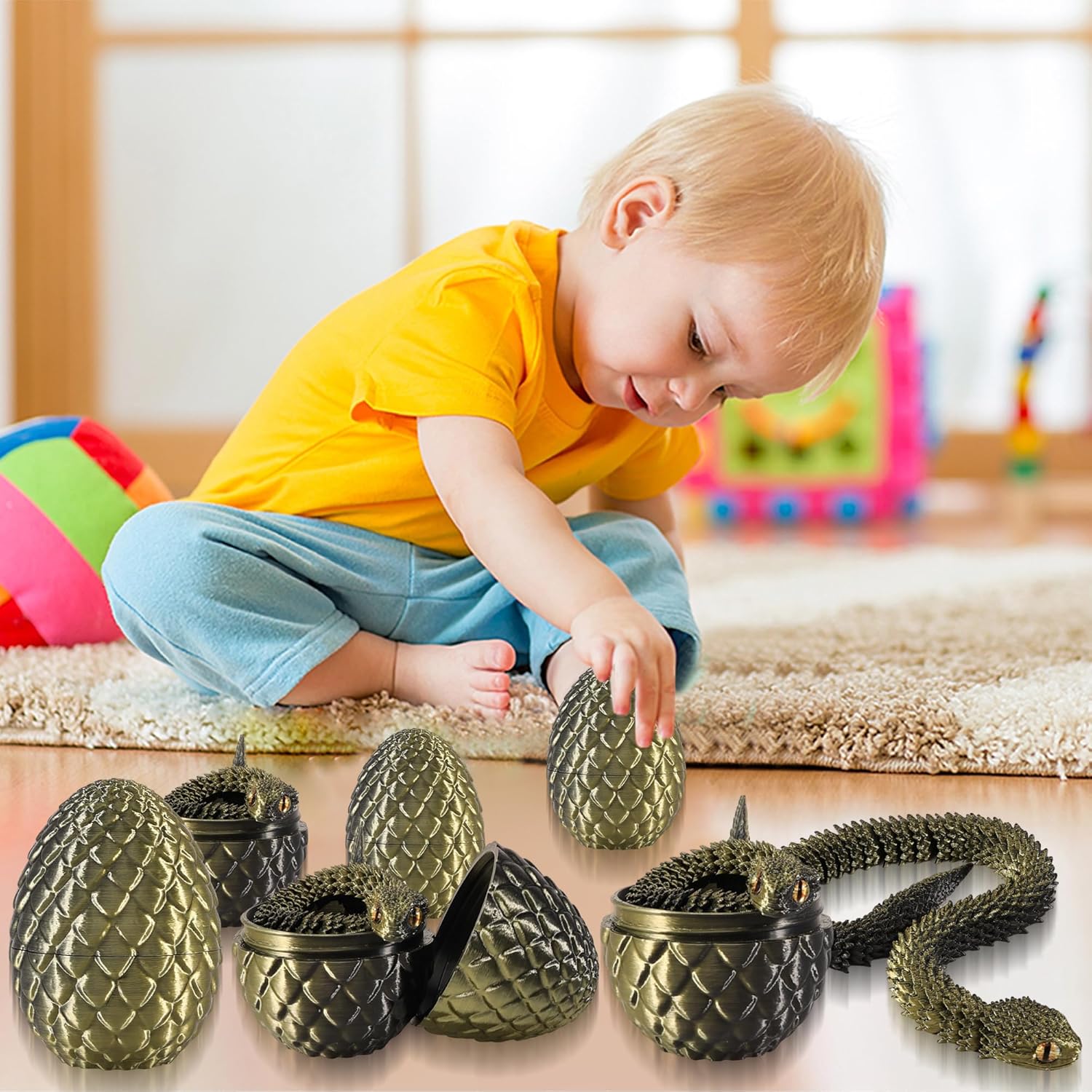 Detalle de Joycabin 3D Printed Animals: Movable Snake Toy & Dragon Egg Set (Black Copper)