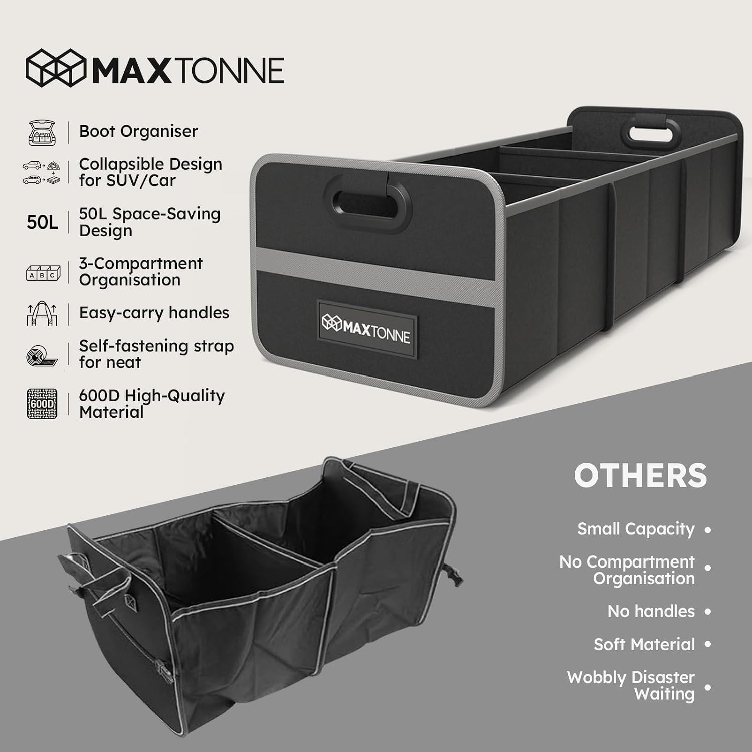 Thumbnail 4 de Maxtonne Car Boot Organiser: Heavy-Duty 50L 3-Compartment Storage for SUVs and Hatchbacks