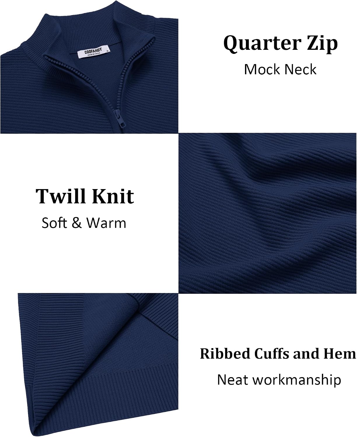 Thumbnail 4 de COOFANDY Pull camionneur homme hiver col roulé zippé 1/4 slim fit