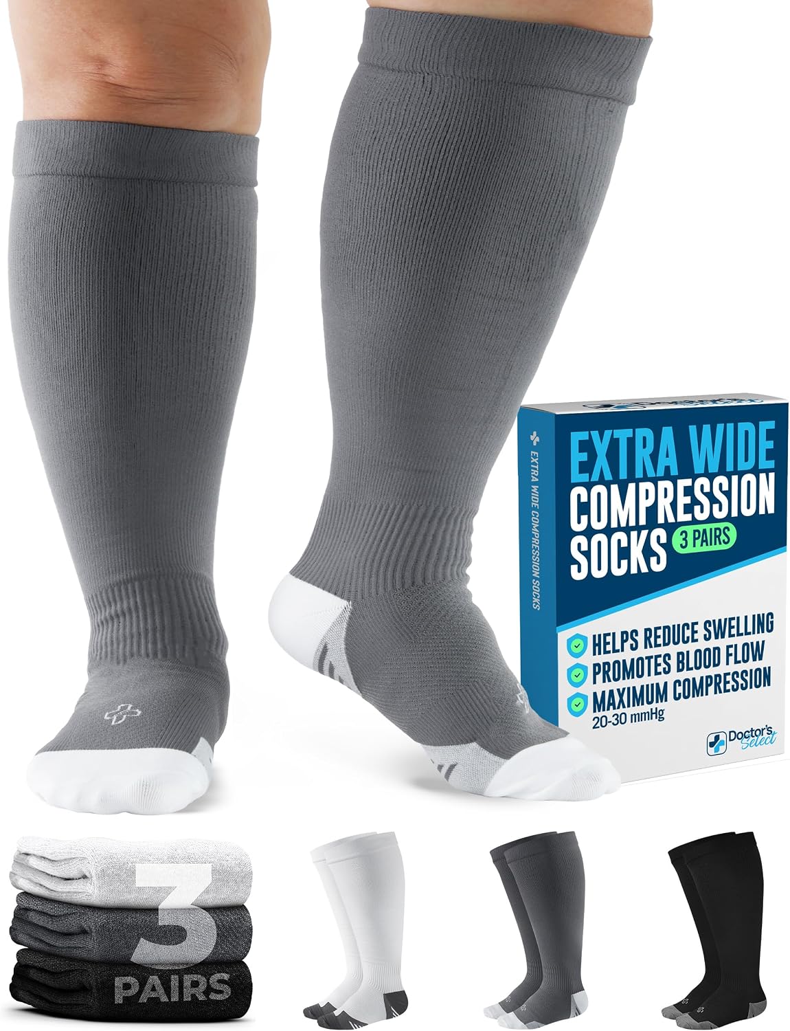 Detalle de Doctor’s Select 3 Pairs Plus Size Compression Socks (Wide Calf) 20–30 mmHg, up to 6XL