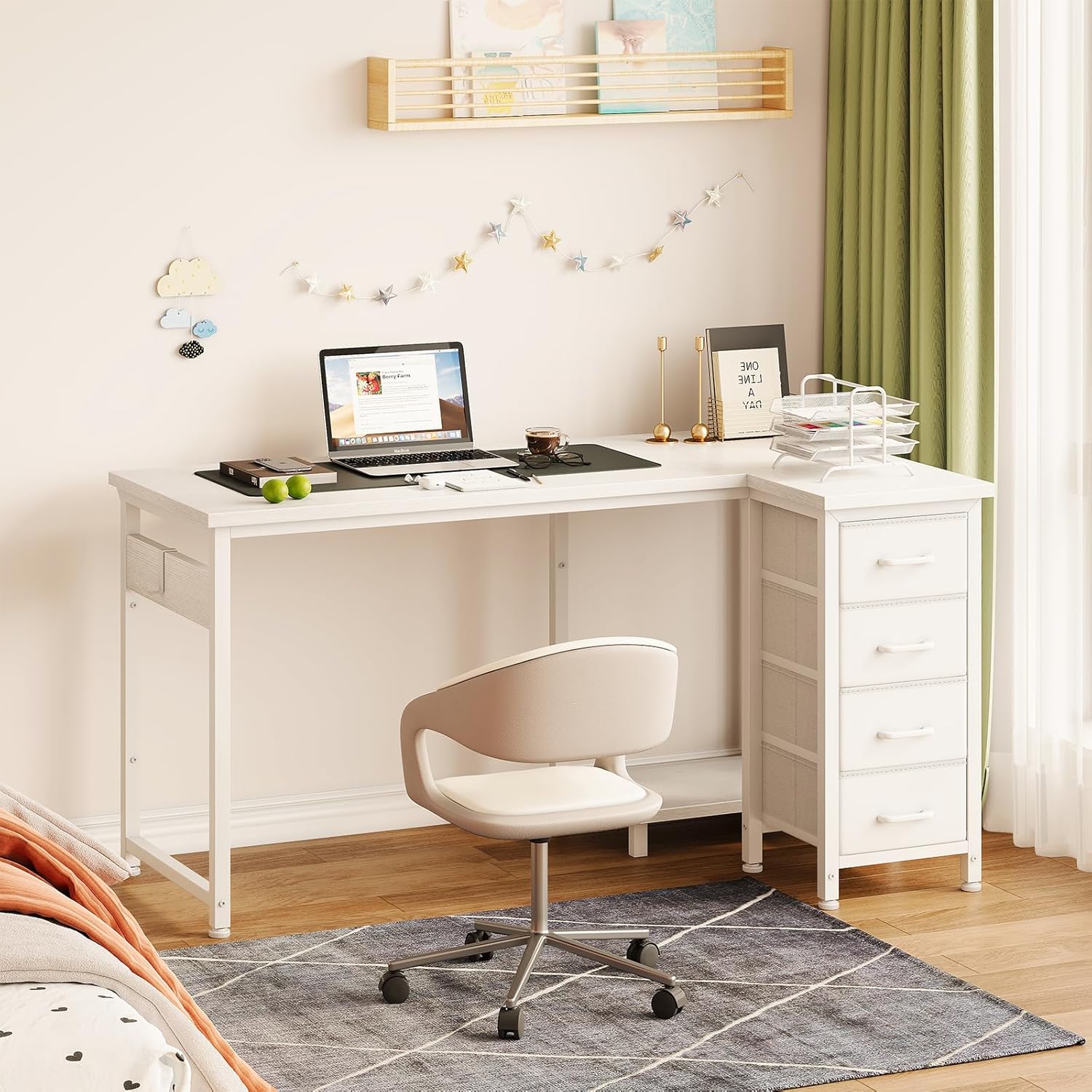 Thumbnail 3 de Coleshome Eckschreibtisch 120x70 cm – L‑Form mit 4 Stoffschubladen, links/rechts umkehrbar, Weiß