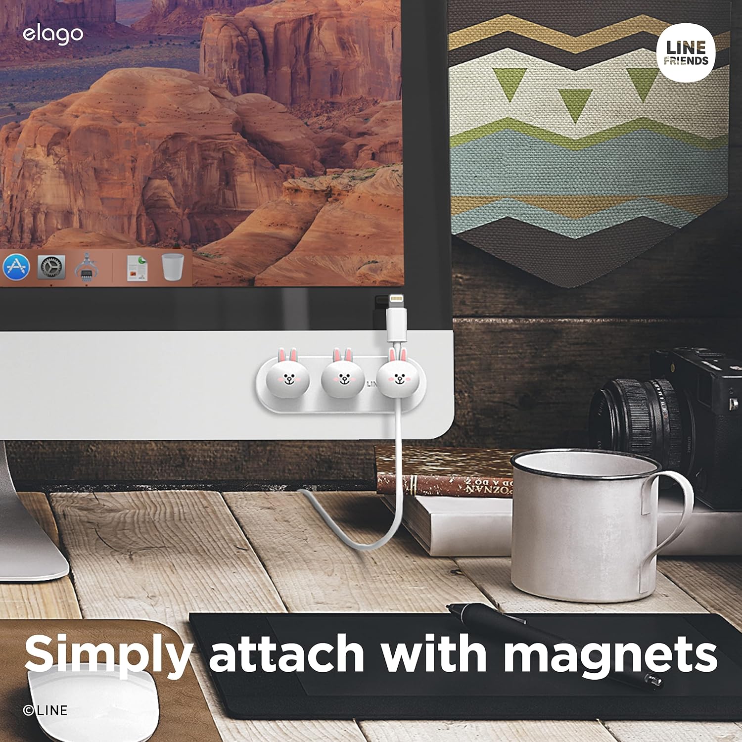 Detalle 2 de elago LINE FRIENDS Bottoni Magnetici per Gestione Cavi (organizza 3 cavi) con magneti potenti e adesivo riutilizzabile