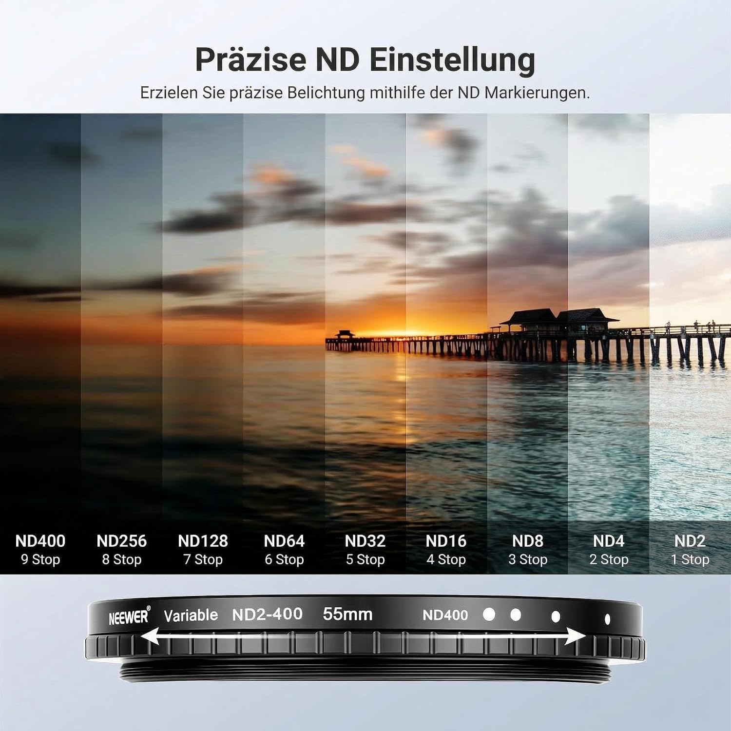 Detalle 2 de NEEWER 55mm Filter Set (ND2-400 + CPL + UV) – 3er Pack inkl. Schutzetui