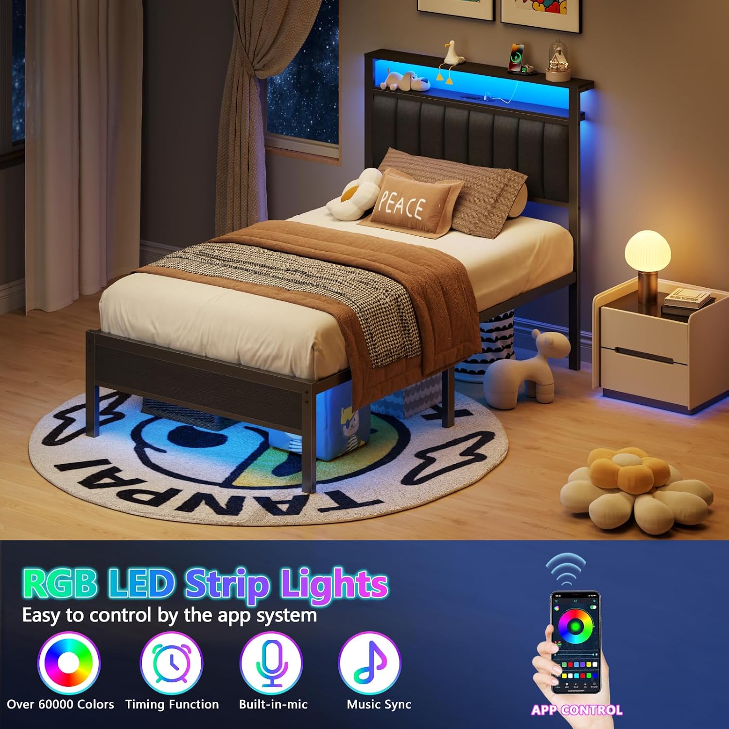 Detalle 2 de Furnulem HK-BF-009-CL-T-1-BO-CA Twin Bed Frame with RGB LEDs and Storage